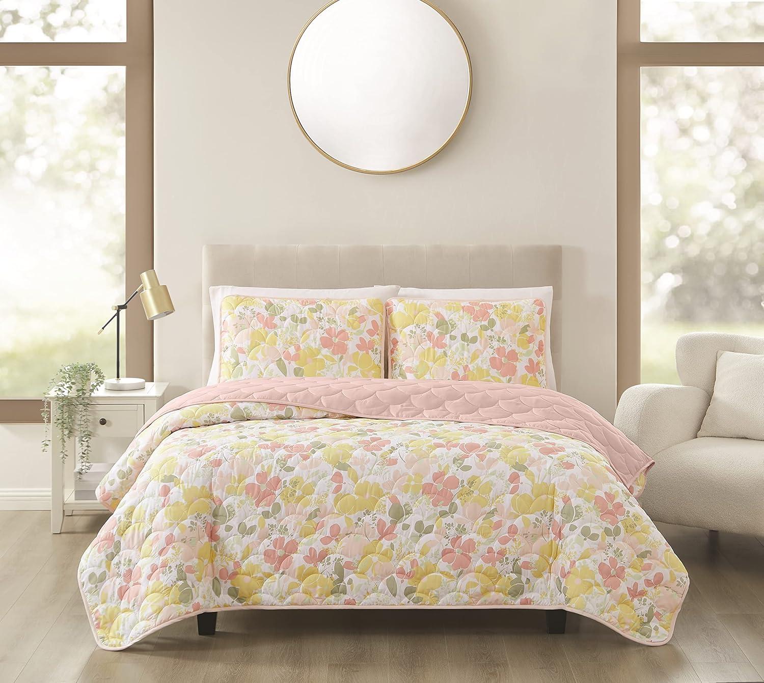 White Floral Twin Microfiber Quilt Set with Sham