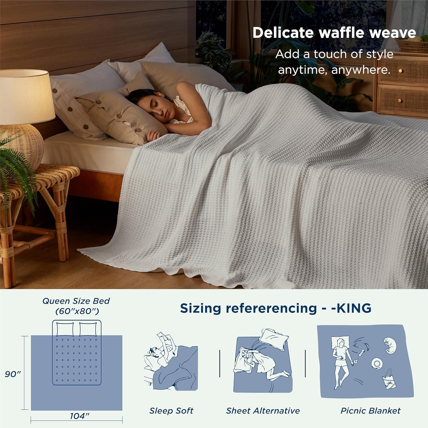 100% Cotton Blanket King Size for Bed - Waffle Weave Fall Blanket, Lightweight and Breathable Soft Woven Blanket for Summer, White, 104x90 inches