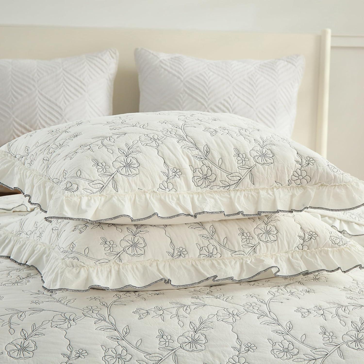 Queen Size White Cotton Floral Embroidered Bedspread Set