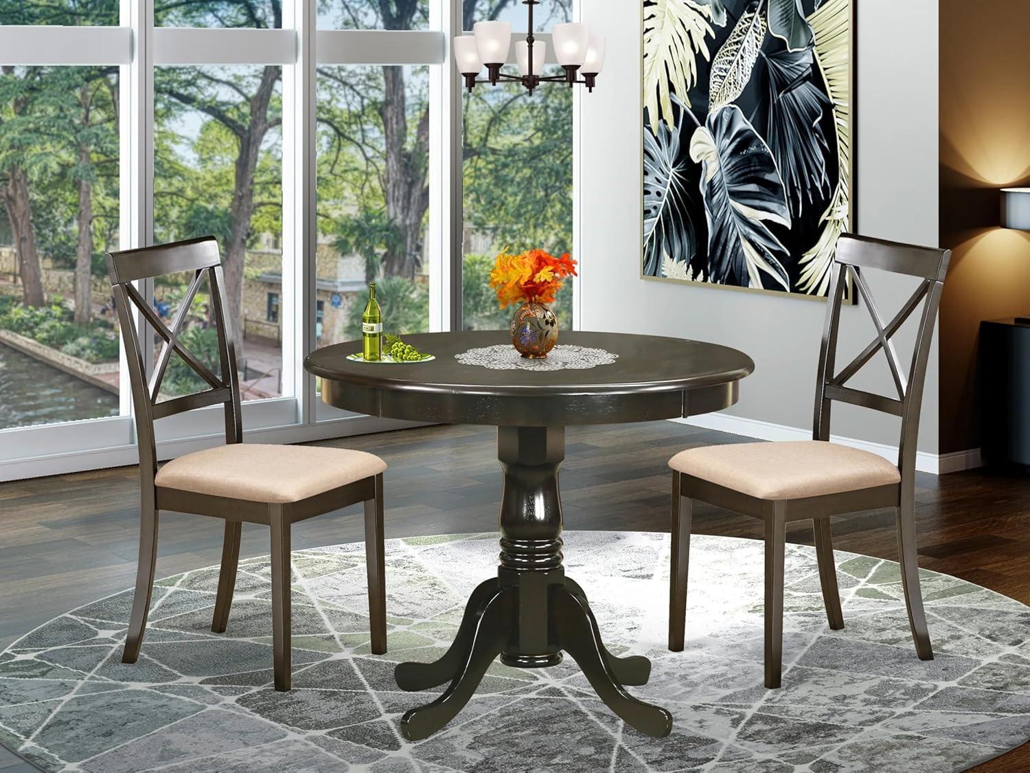 Cappuccino Round Pedestal Dining Table with 2 Faux Leather Chairs