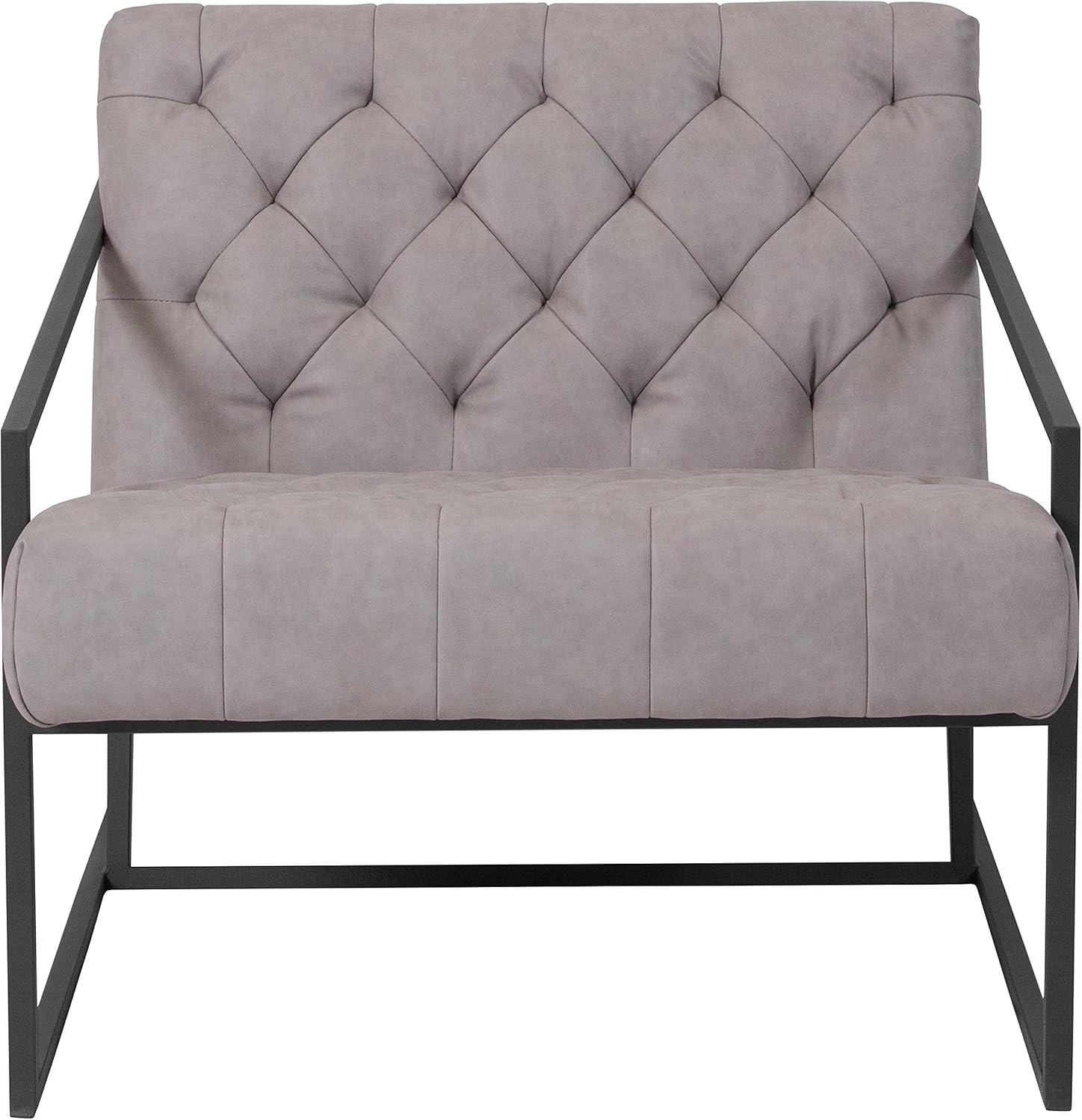 Light Gray Tufted Leather Lounge Chair with Metal Frame