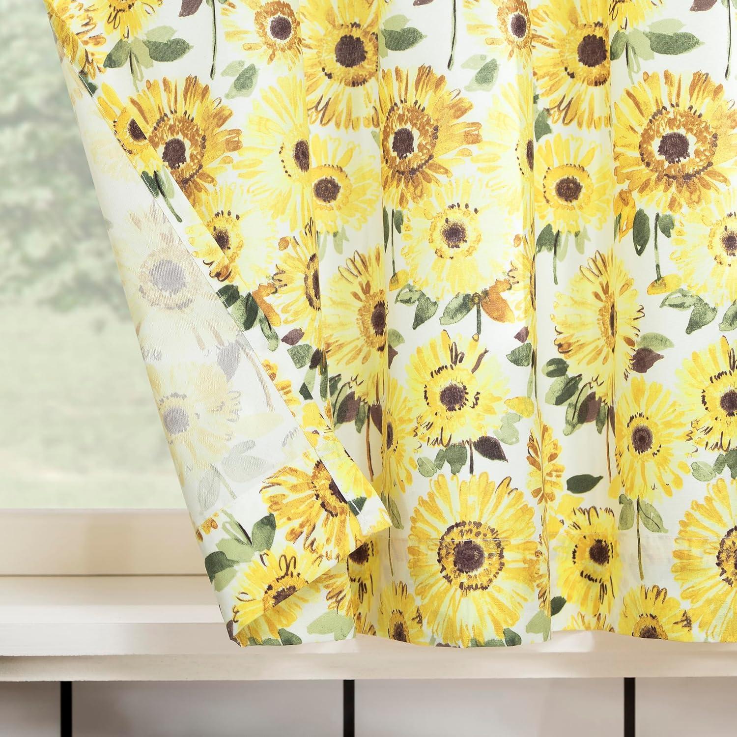 24"x54" Sunflower Print Semi Sheer Rod Pocket Kitchen Curtain Valance and Tiers Set Yellow - No. 918: Floral Botanical Design