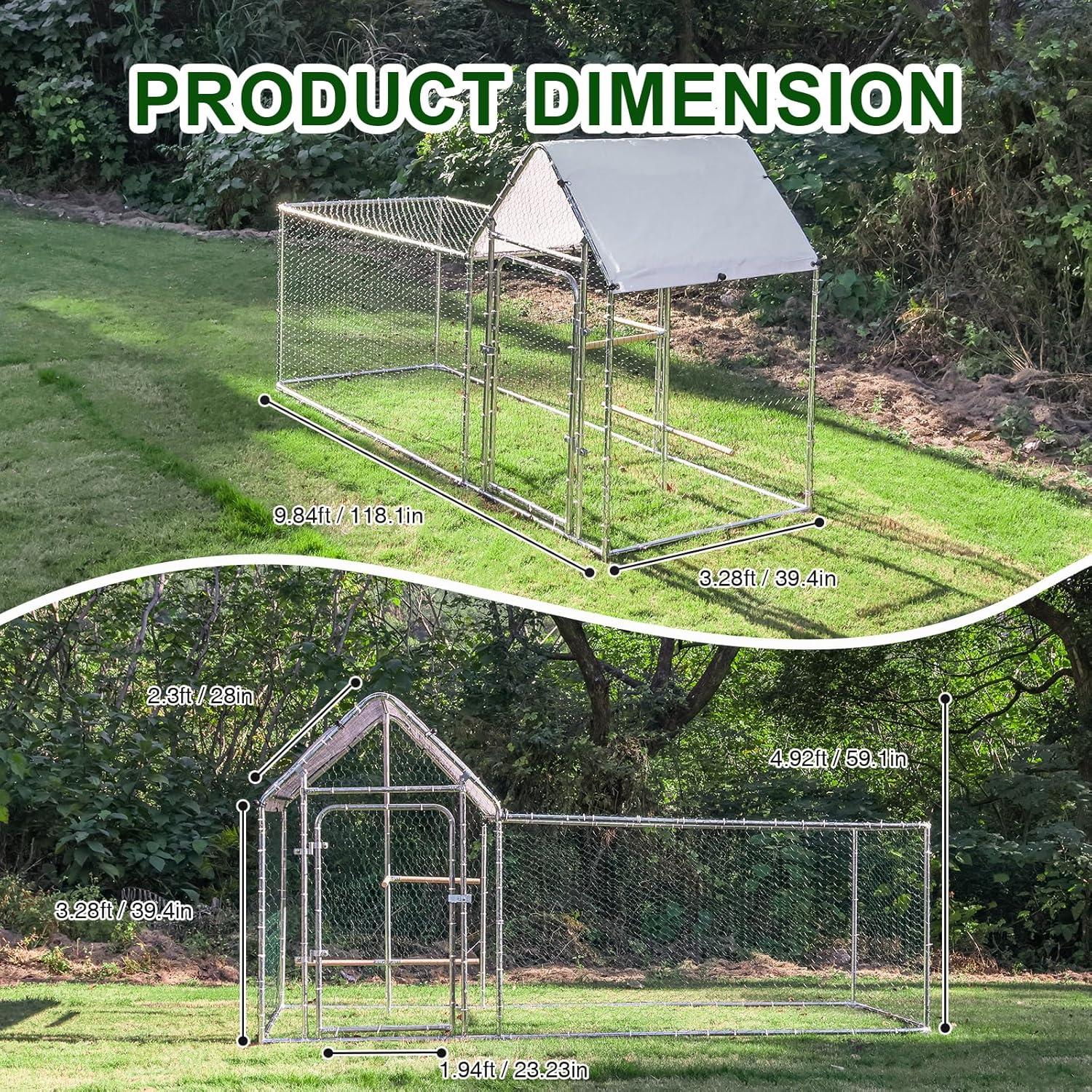 Large Metal Chicken Coop Run, Outdoor Walk-in Poultry Cage with Spire Roof, for Hen House, Duck Coop and Rabbit Run, Silver (9.8' L x 3.28' W x 4.92' H)