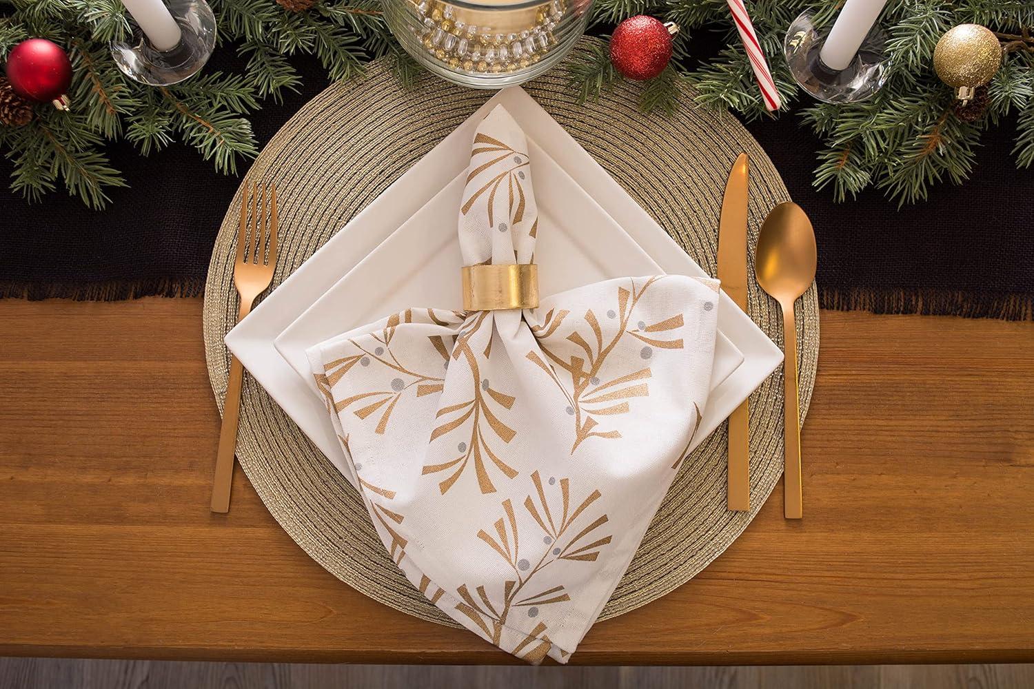 Gold Holly Leaves Cotton Christmas Napkin Set, 20x20, 6 Piece