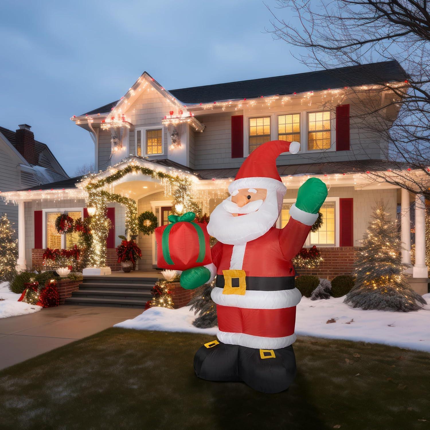 Fraser Hill Farm 10-Ft. Tall Pre-Lit Christmas Inflatable | Santa Claus Holding Gift with Lights and Storage Bag | Outdoor Holiday Blow-Up Festive Celebration Party Decor | FHFSANTA102-L