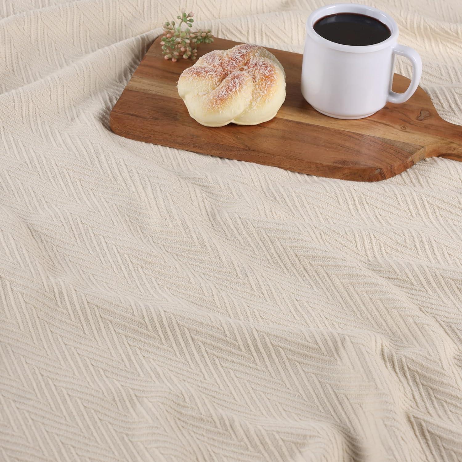 Superior Dobbyweave Knit Cotton Blanket, All Season Bed Blanket, Full/Queen 88" x 100", Ivory