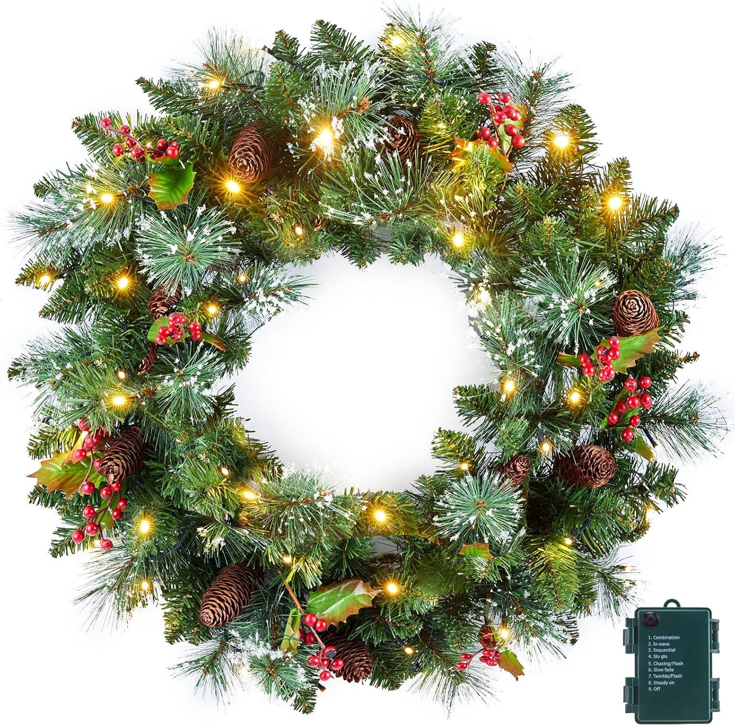 24in Prelit Christmas Wreath Battery Operated 50 Multicolored Lights with Pinecone and Red Berries, Lifelike Snow