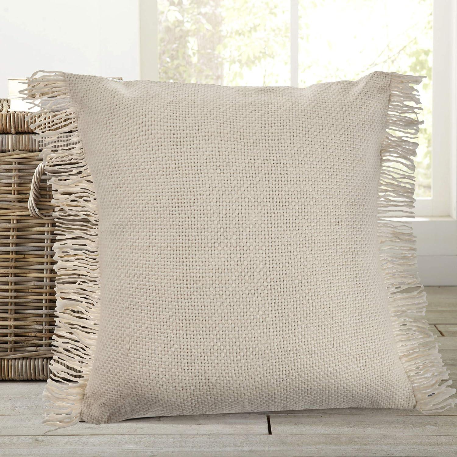 LR Home Bennett 20" x 20" Fringed Ivory Cotton Adult Decorative Throw Pillow