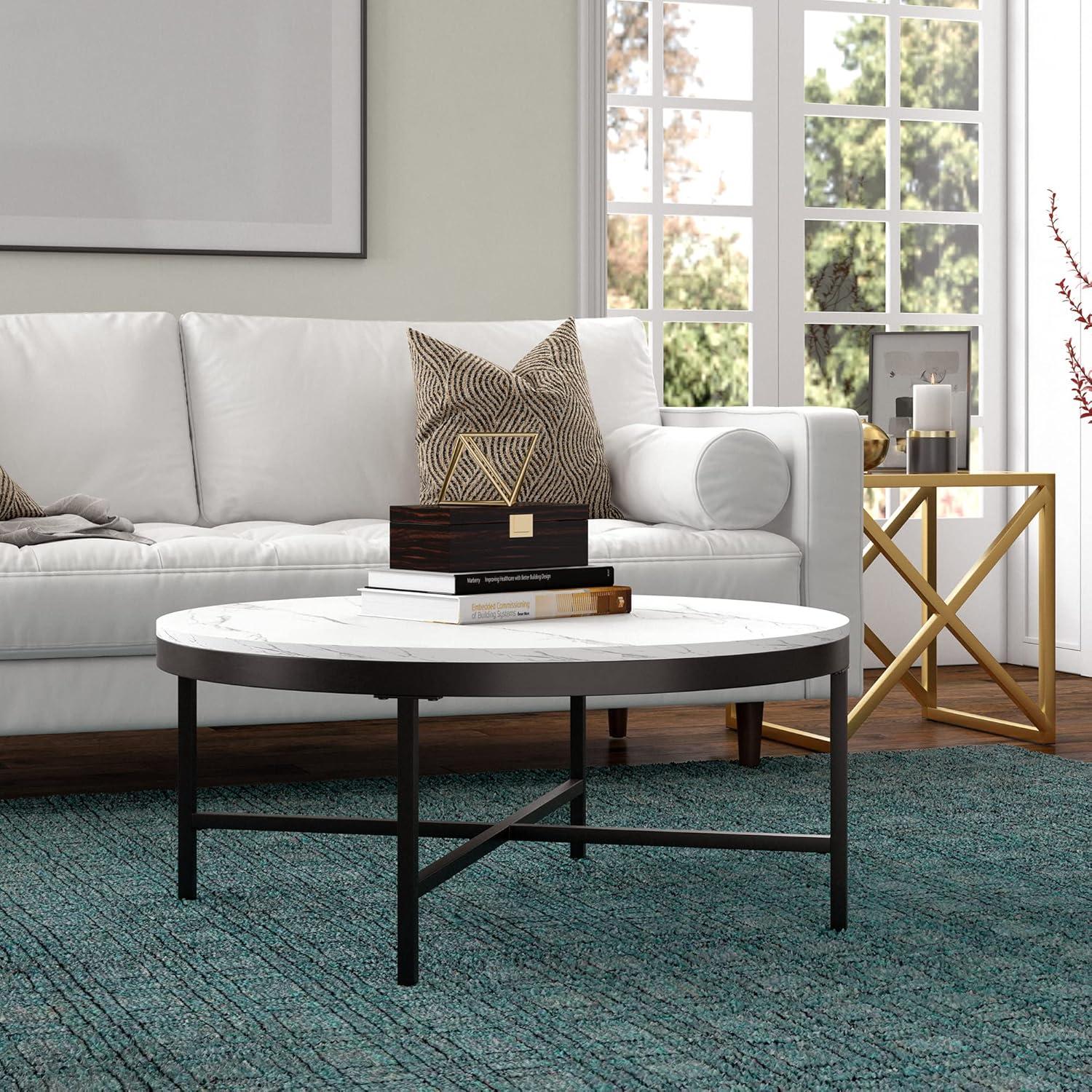 Evelyn&Zoe Xivil 36" Wide Round Coffee Table with Faux Marble Top in Blackened Bronze/Faux Marble
