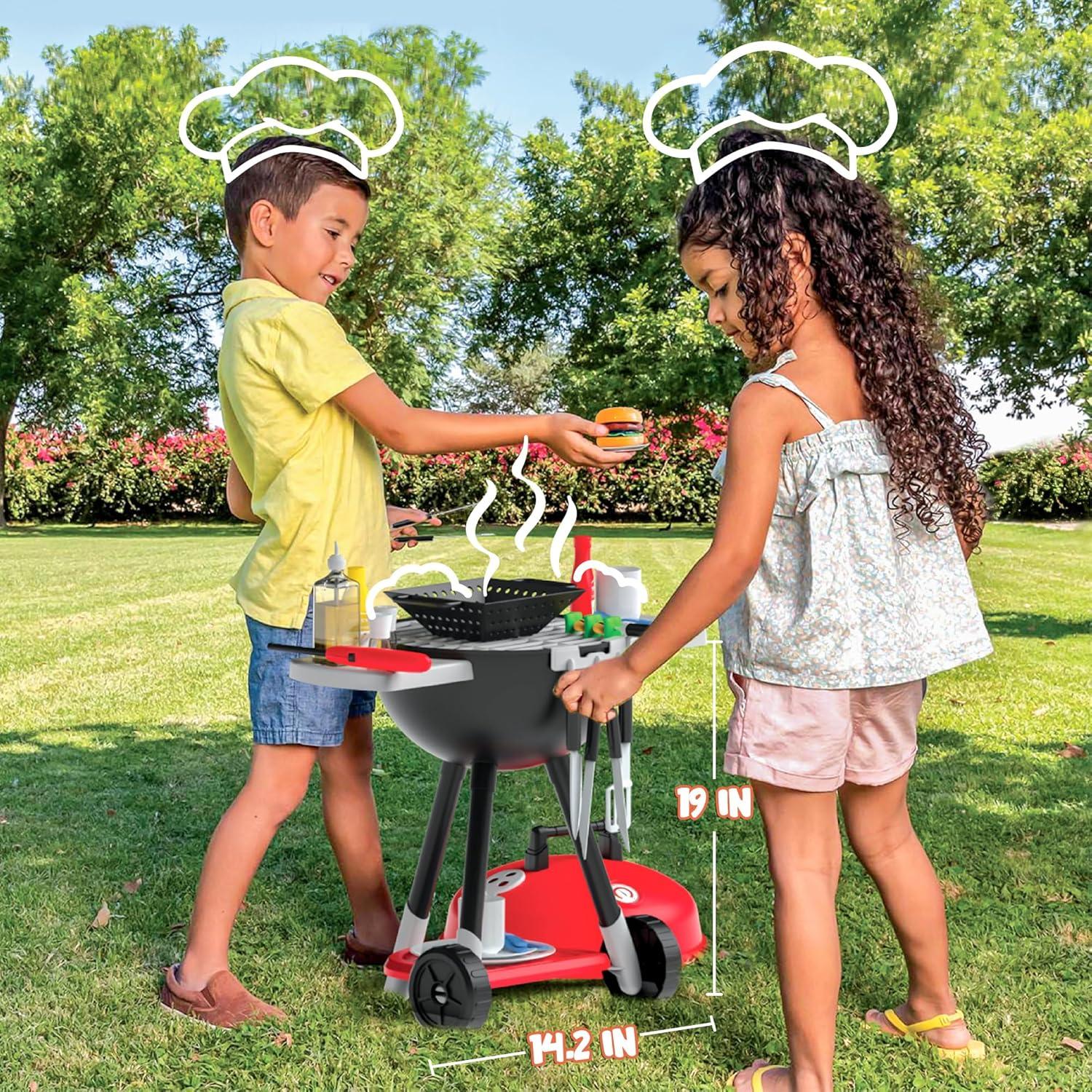 SYNCFUN 34Pcs Portable Charcoal Grill Toy Set Kitchen Toy Set, Toy BBQ Grill Set, Little Chef Play, Kids Grill Playset ,Birthday Gift for Boys Girls