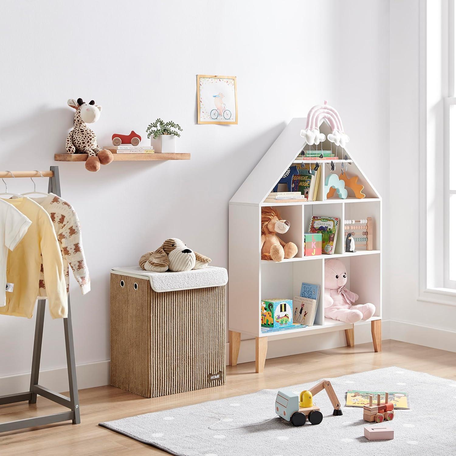 Danya B. Collapsible Folding Corduroy Kids' Laundry Hamper Toy Storage Brown with Dog Lid