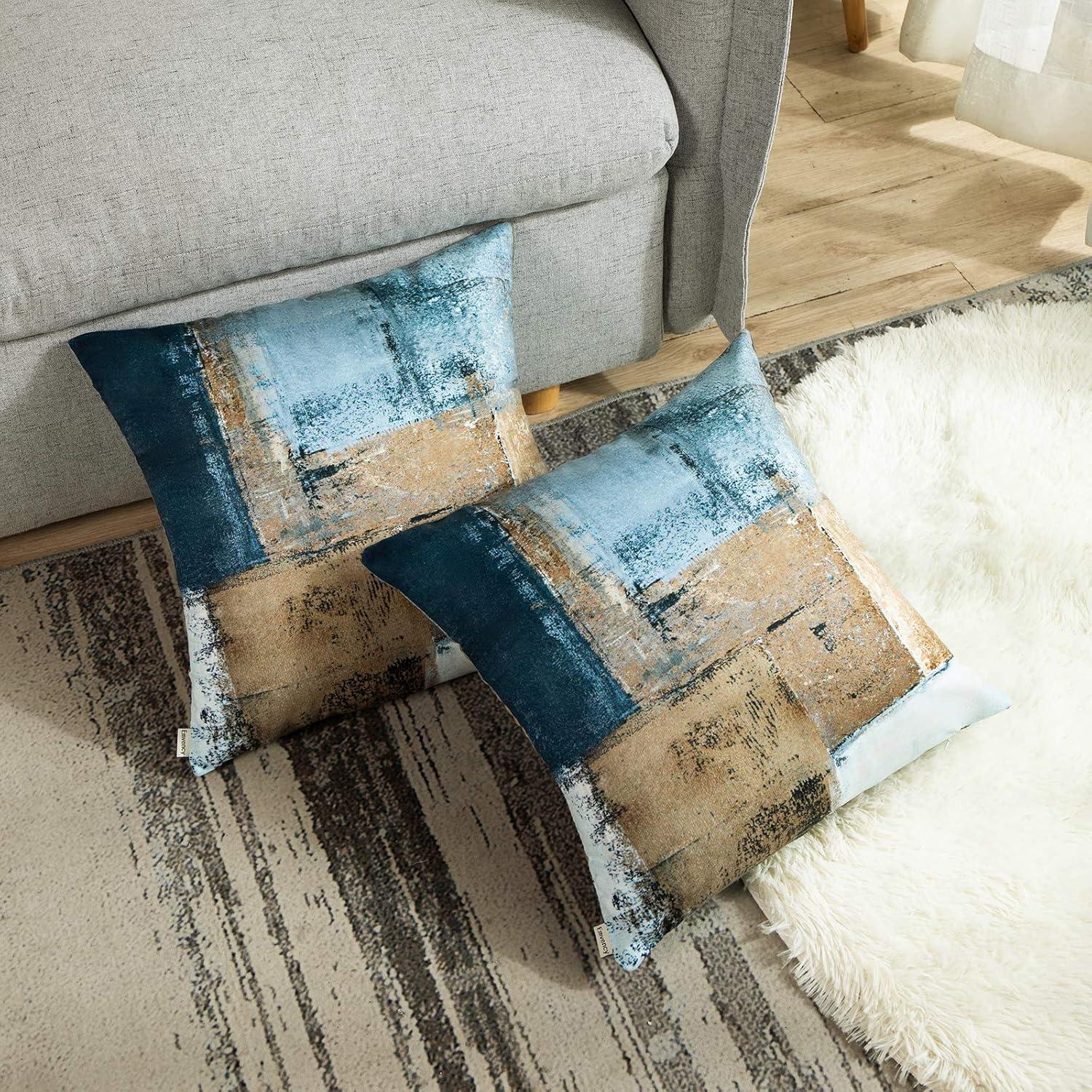 Britimes Throw Pillow Covers Modern Home Art Decor, 18 x 18 Inches Set of 2 Pillow Cases Decorative, Abstract Oil Painting Pillowcases for Bedroom, Living Room, Cushion Couch Sofa, Brown Blue