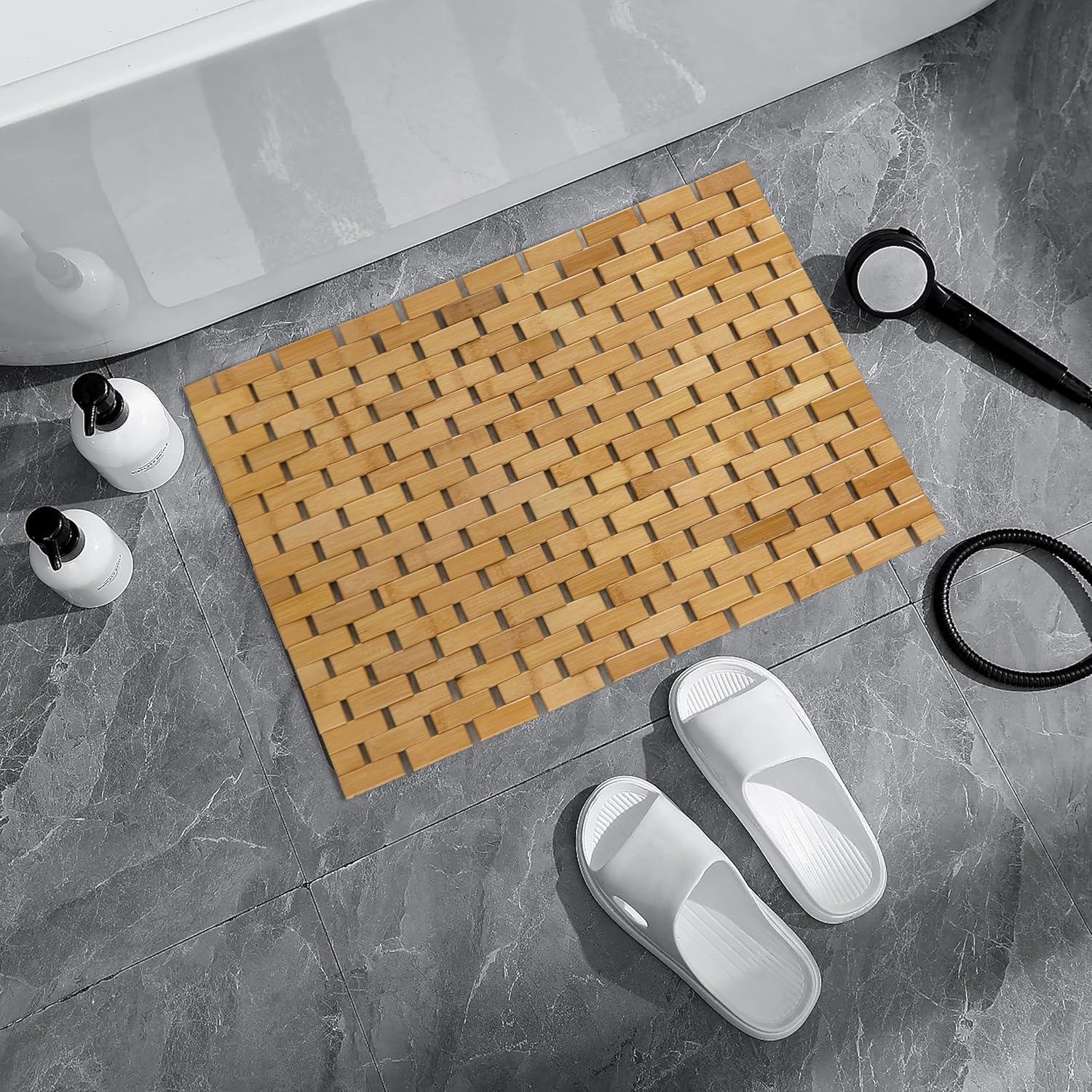 Basicwise Foldable Bamboo Bathroom Mat - Non-Slip Design for Showers, Bathtubs, Spas, and Pools - Providing Comfort, Quick Drying, Small