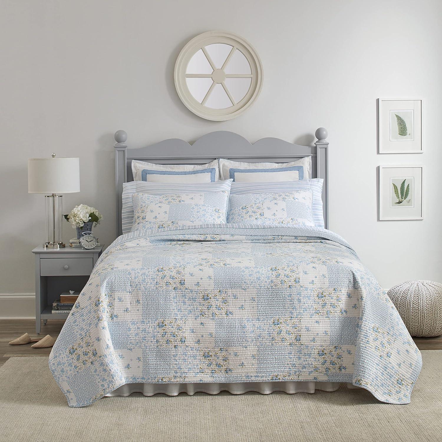 Laura Ashley Kenna Cotton Reversible Blue Quilt Set