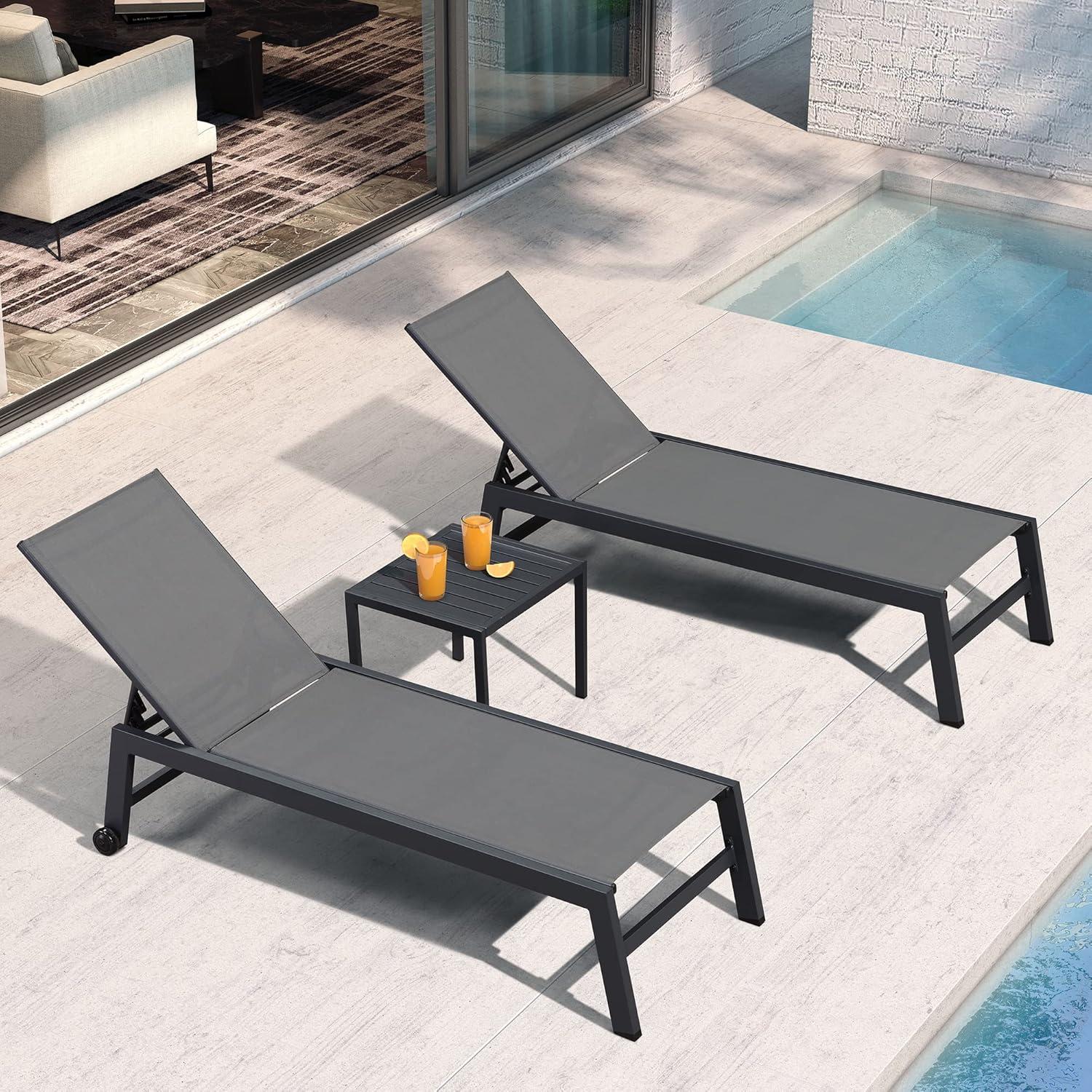 Gray Aluminum Adjustable Patio Chaise Lounge Set with Side Table