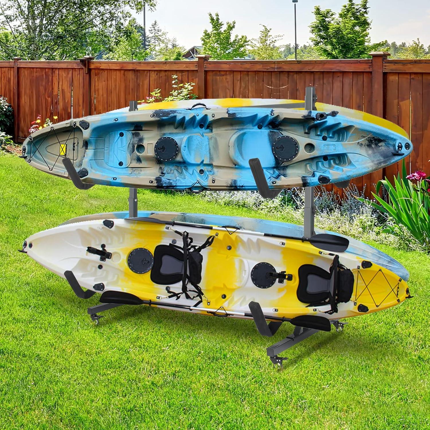 Bonnlo Kayak Stand Freestanding Storage Rack for Kayak Canoe Boat Paddle Board SUP Surfboard for Indoor Outdoor Garage, Shed, Dock with Lockable Wheels Wide Adjustable