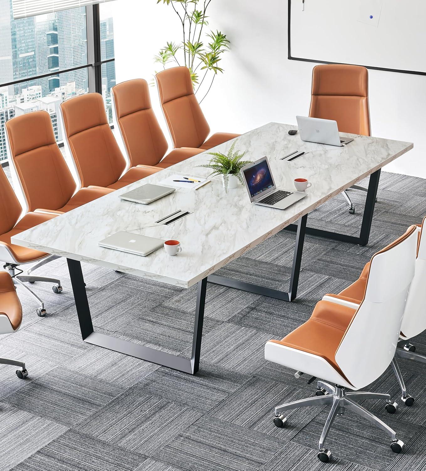 Sturdy Conference Table with Cable Management Grommets Modern Rectangle Office Meeting Table with Wood Tabletop and Metal Frame & Legs- Easy Assembly Boardroom Table (White Marble, 10 Foot)