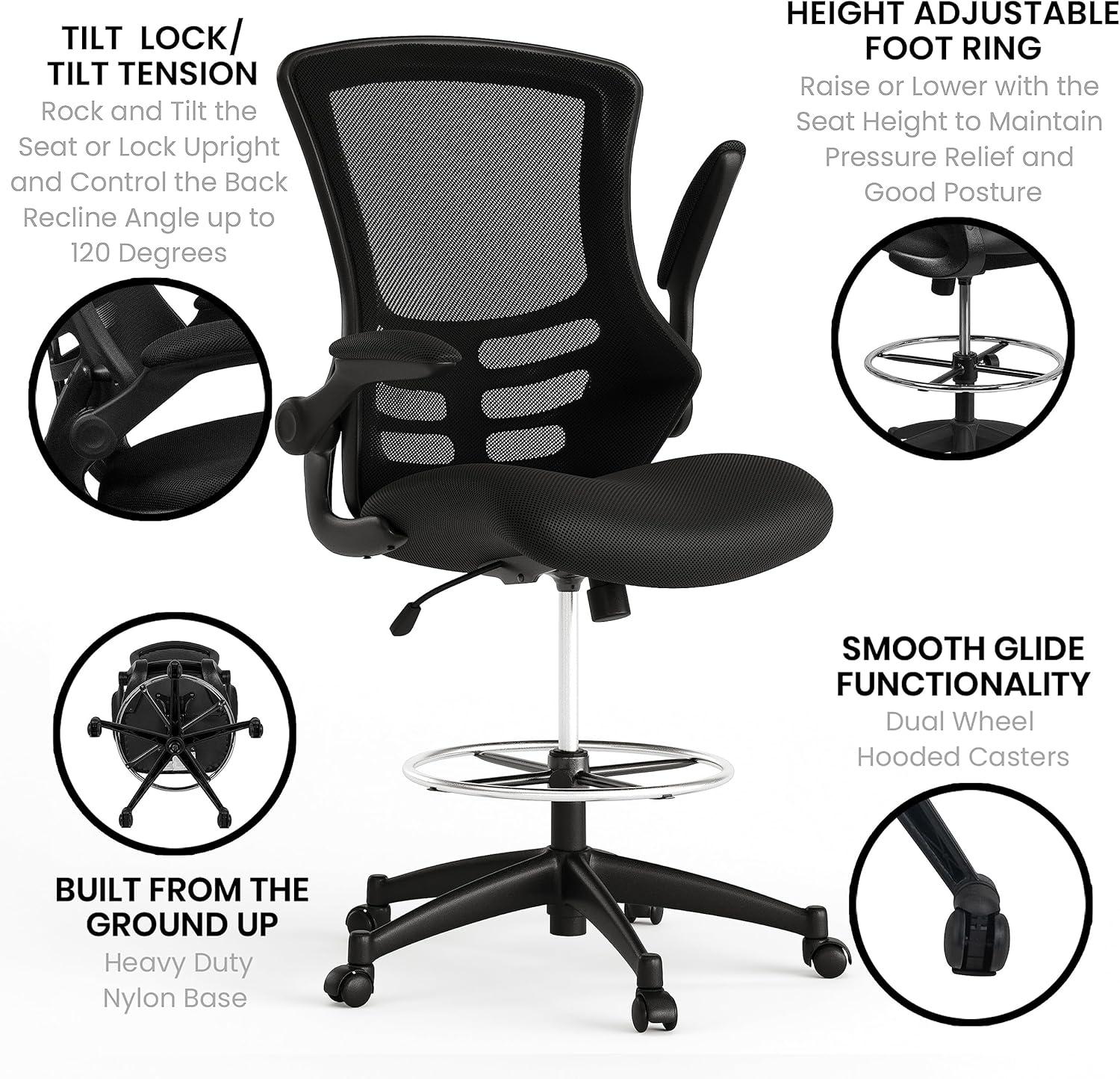 Flash Furniture Mid-Back Mesh Ergonomic Drafting Chair with Adjustable Foot Ring and Flip-Up Arms