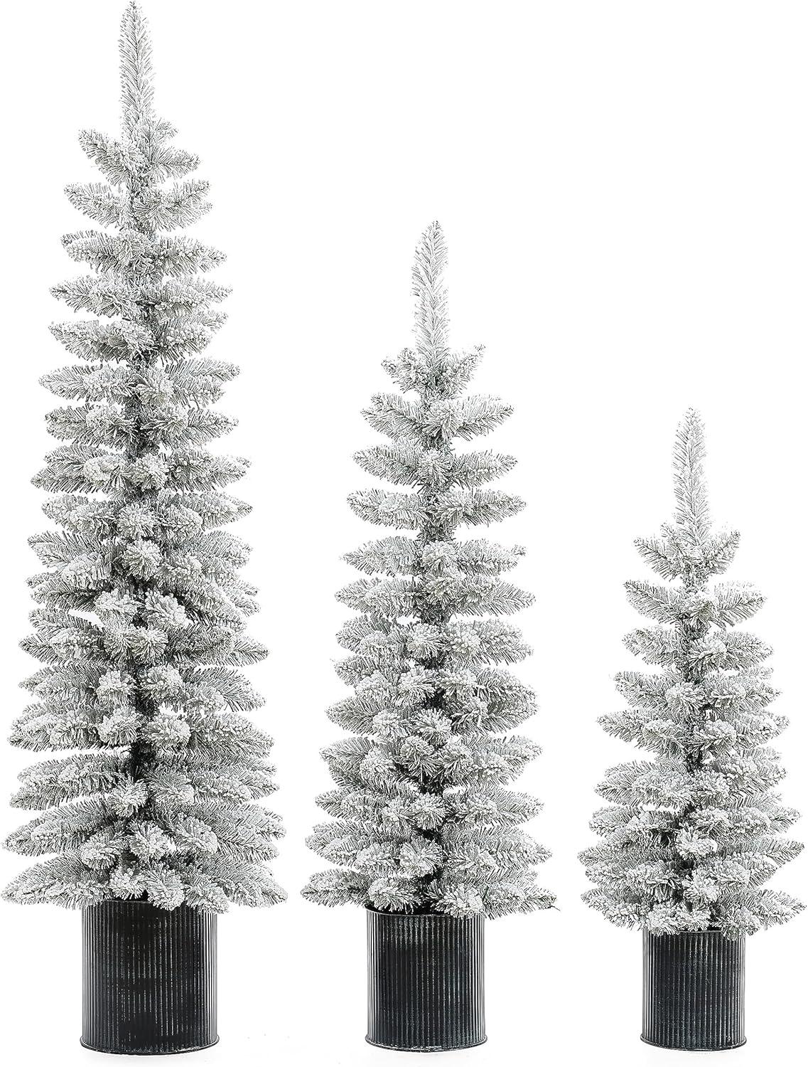 LuxenHome Set of 3 Unlit Snow-Flocked Christmas Trees with Metal Pots White