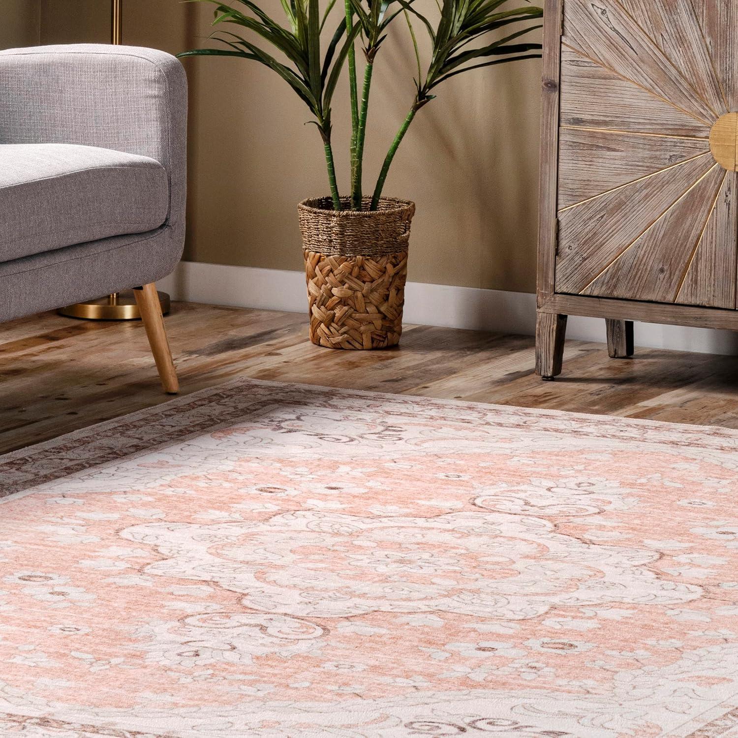 Peach Floral Medallion 8' x 10' Easy-Care Synthetic Area Rug