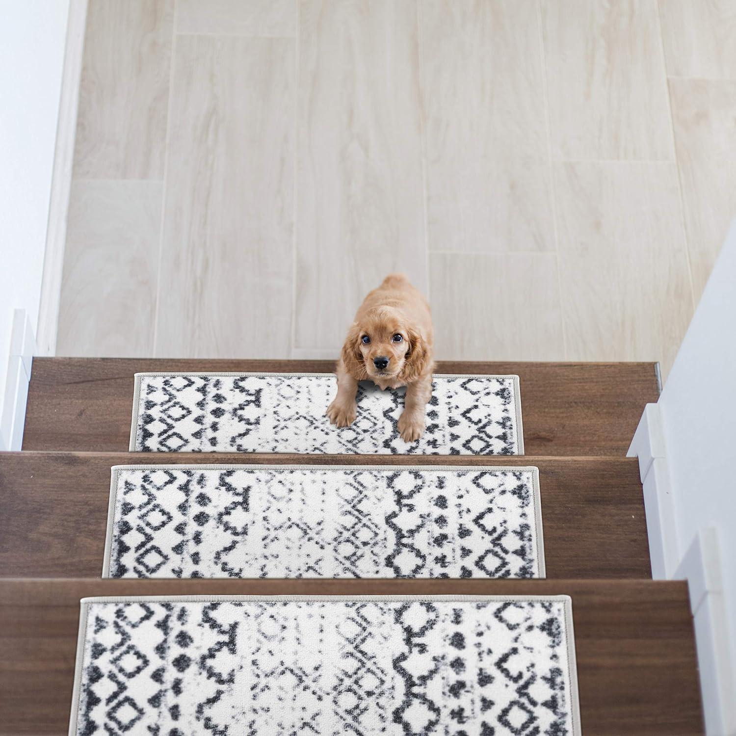 Distressed Black and White Bohemian Non-Slip Stair Treads Set