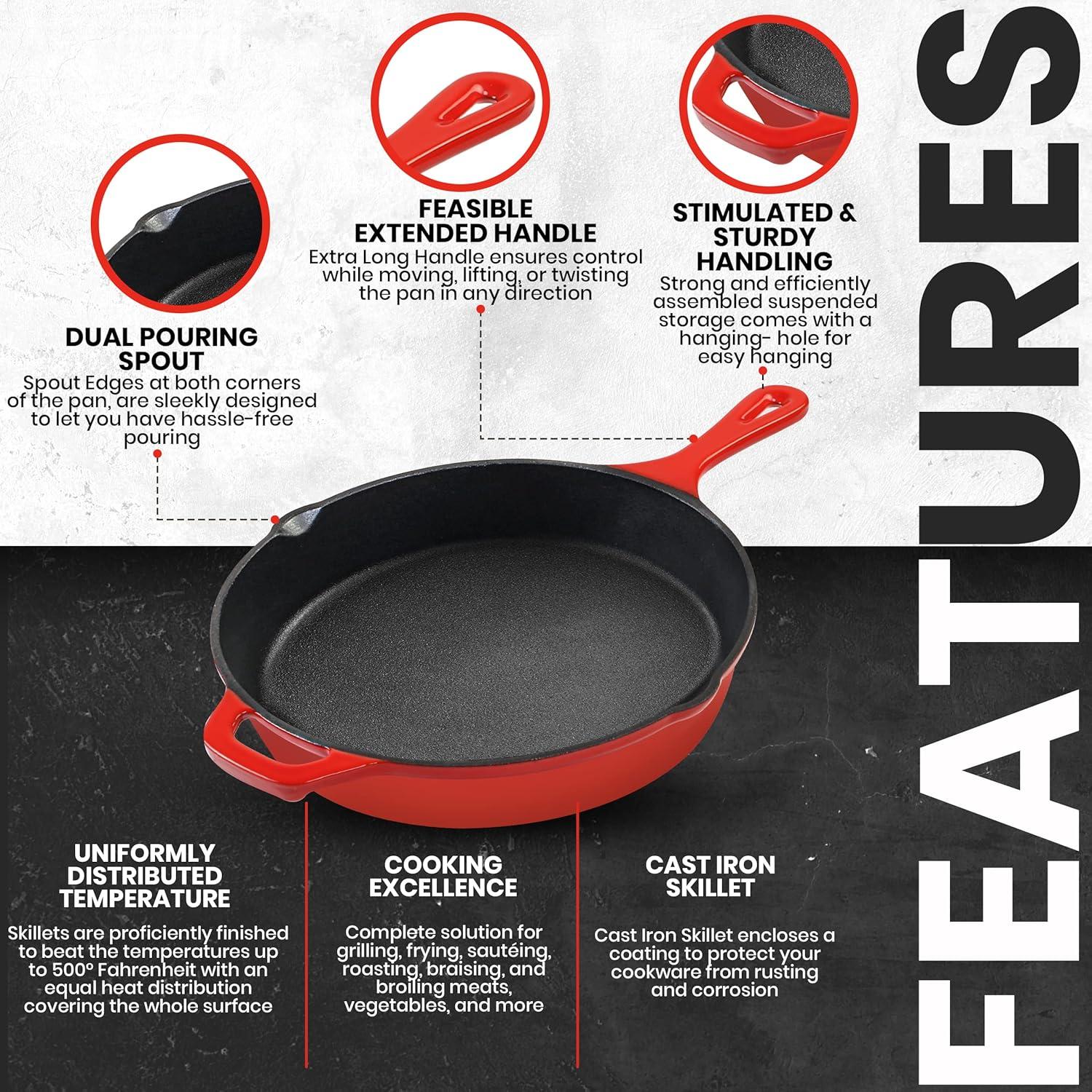 doitbest Pre-Seasoned Cast Iron Skillet with Lid, Grill-Safe Cookware, Red