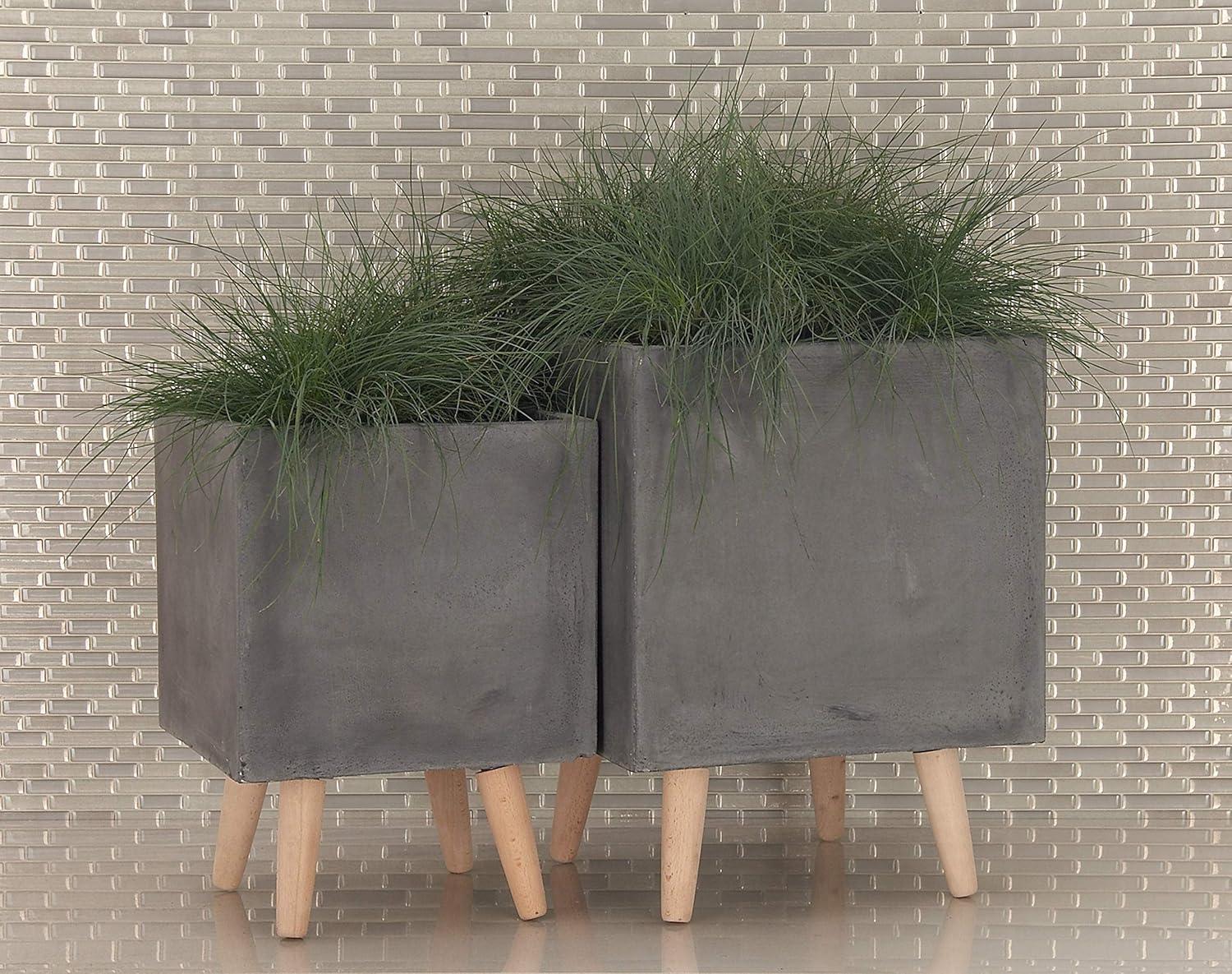 DecMode Fiber Clay Contemporary Planter, Dark Gray, Set of 2