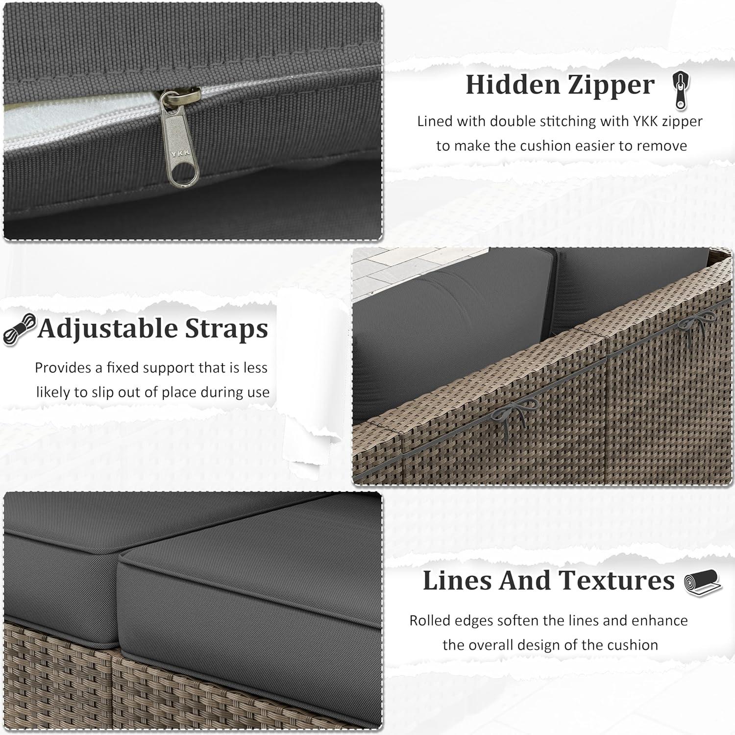 Kimunuk 14 Piece Outdoor Furniture Replacement Cushions, 5" Foam Foam High-Density, Fits 6-Seat Sectional Rattan Conversation Set, Patio Water-Resistant Sofa Cushions, Light Grey