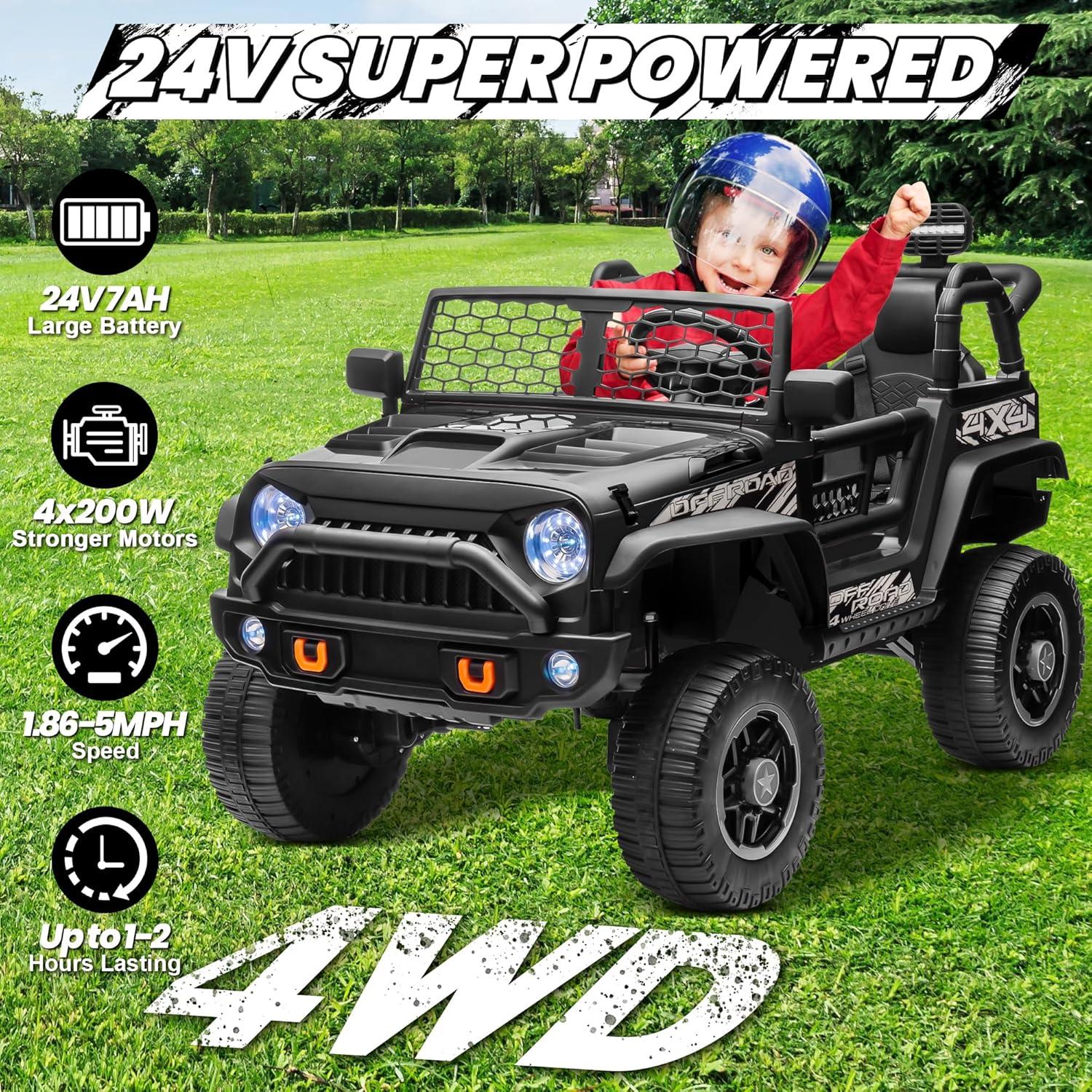 Ancheer 24V Real 2 Seater Ride On Toys Electric SUV Jeep Car With Remote Control,2WD/4WD Switchable, 4X100W Motor, Bluetooth, Music, USB, Lights