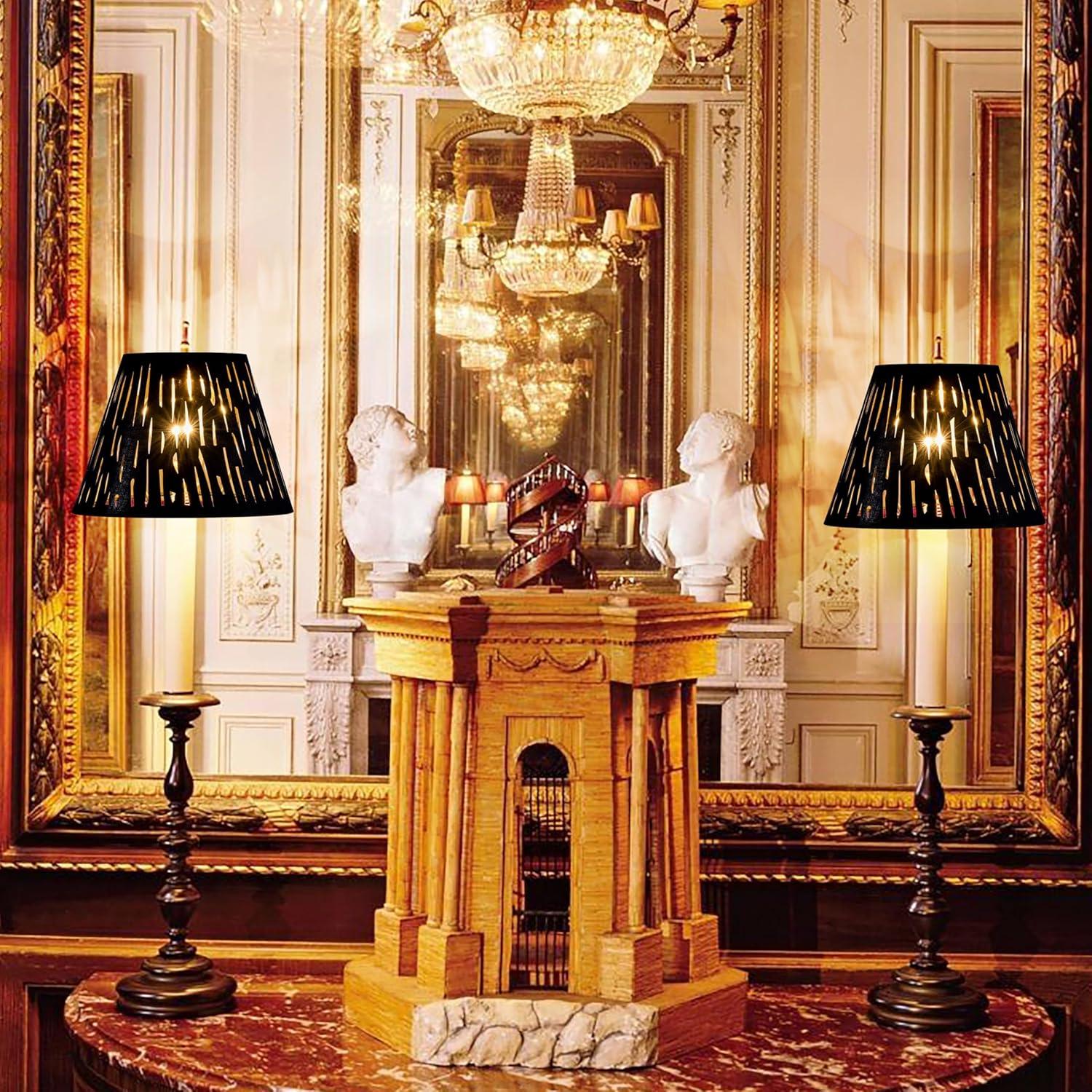 GO&SO Set of 2 Small Black Drum Lamp Shades, 5" Top x 9" Bottom x 6.4" High (Spider), Laser Etching Fabric Lamp Shades for Table, Floor, Wall Lamps -No Assembly Required, Modern Replacement Lampshades