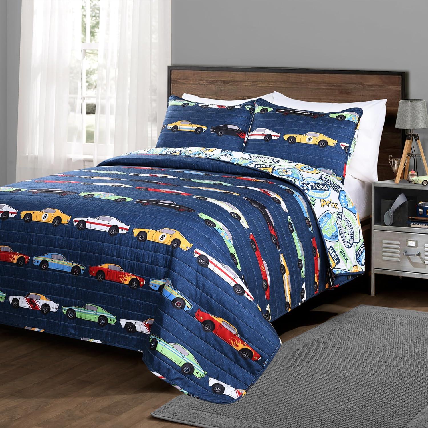 Navy Microfiber Reversible Race Car Twin Quilt Set