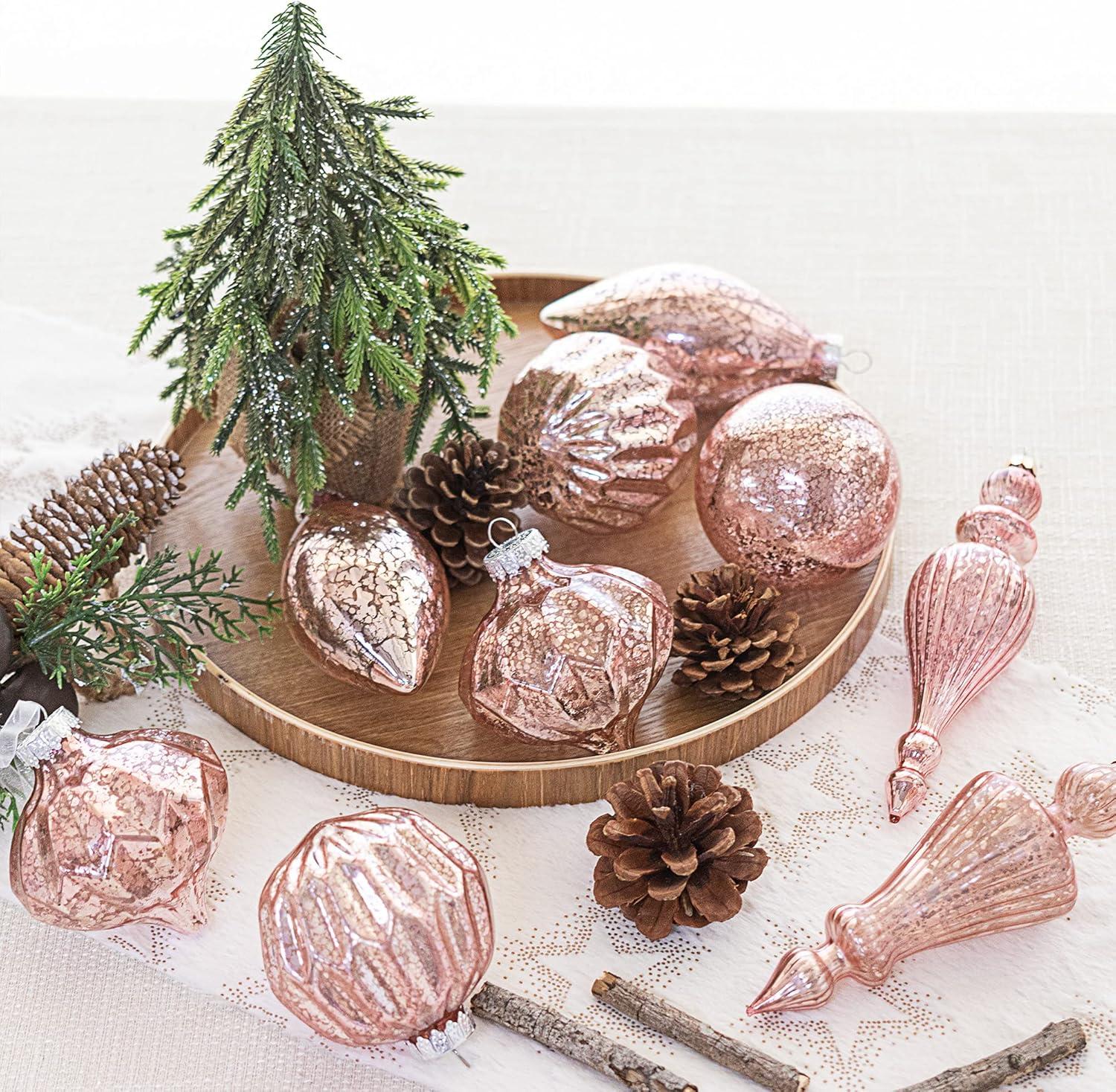 KI Store Mercury Glass Christmas Ornaments Set of 8 Pink Christmas Balls Finials for Christmas Tree Decoration Holiday Décor