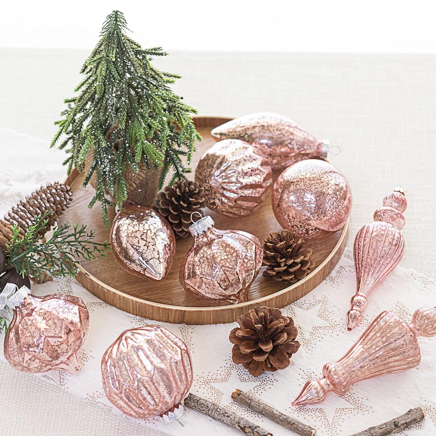 KI Store Mercury Glass Christmas Ornaments Set of 8 Pink Christmas Balls Finials for Christmas Tree Decoration Holiday Décor
