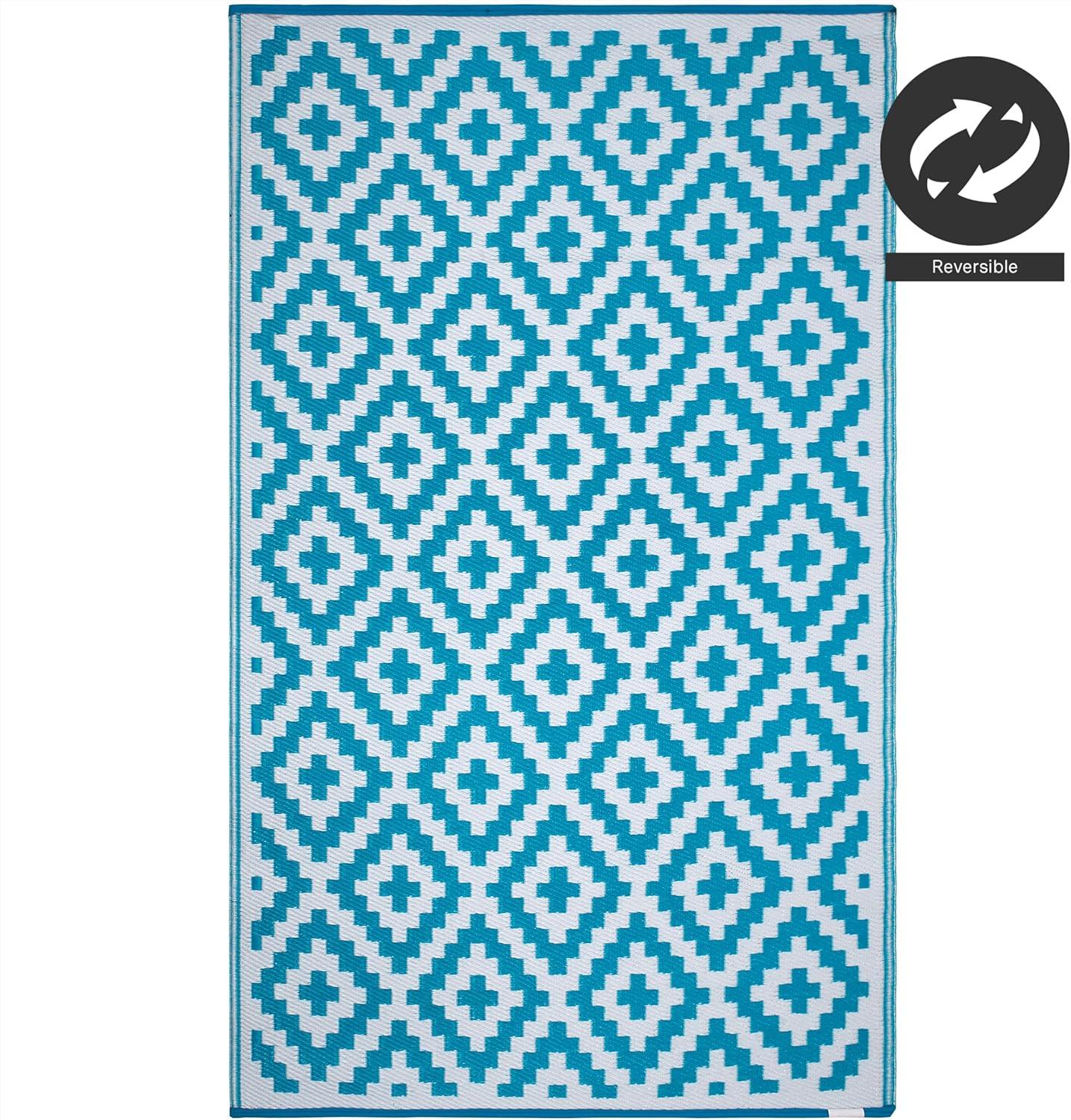 FH Home Outdoor Rug - Waterproof, Fade Resistant, Reversible - Premium Recycled Plastic - Geometric - Patio, Porch, Deck, Balcony - Aztec - Teal & White Crease Free - 5 x 8 ft