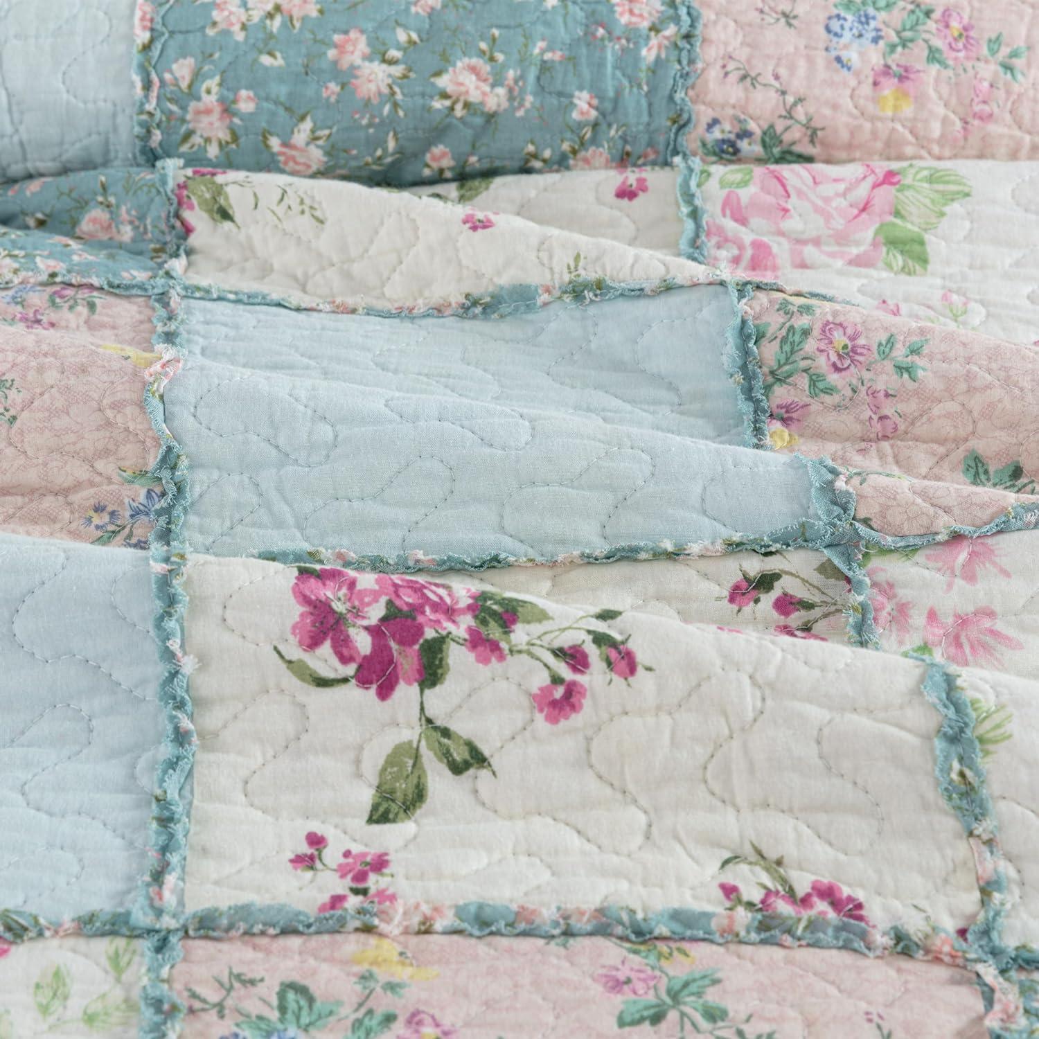 Chezmoi Collection 3-Piece Floral Pre-Washed Cotton Ruffle Trim Patchwork Quilt Set, Queen