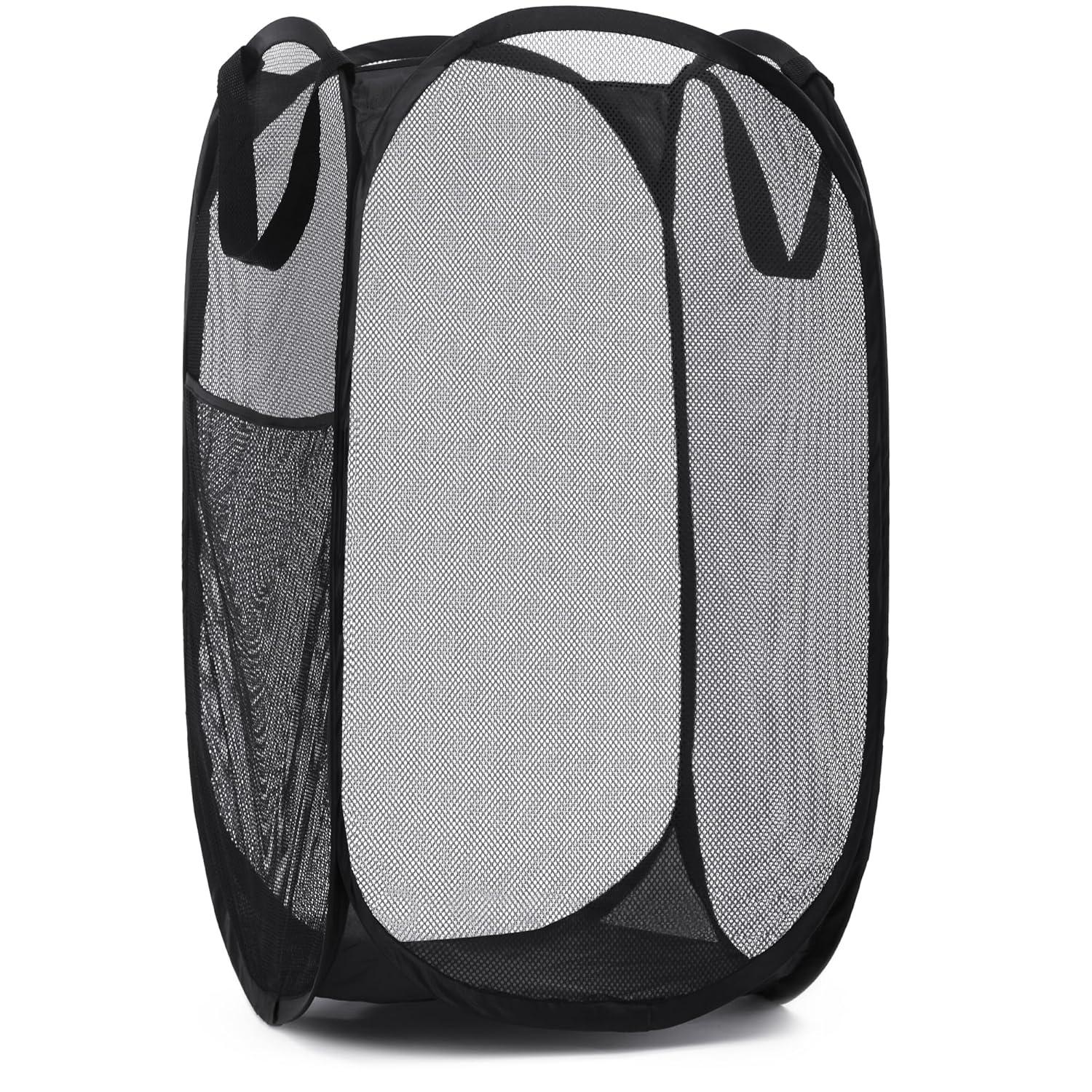 Collapsible Mesh Pop Up Laundry Baskets with Wide Opening and Side Pocket – Laundry Hamper, Breathable, Sturdy, Foldable, and Space-Saving Design for Clothes and Storage (Black)