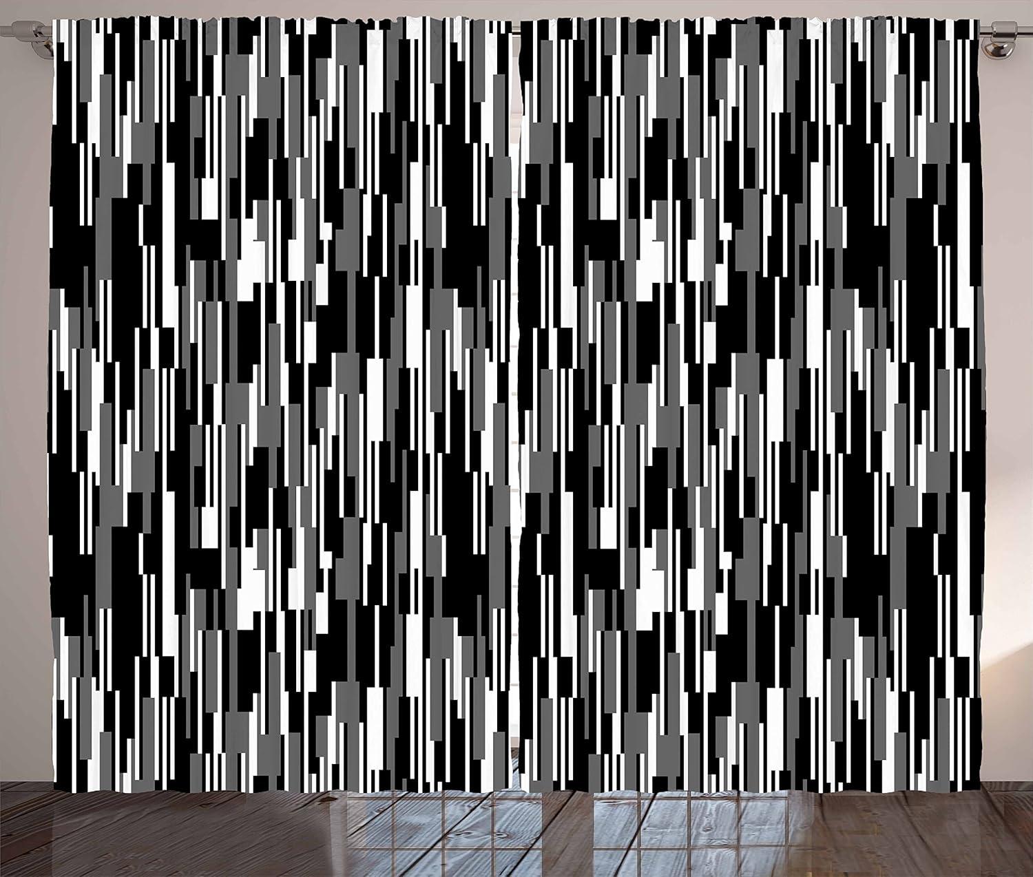 Abstract Black and White Polyester Rod Pocket Curtains, 108" x 84"