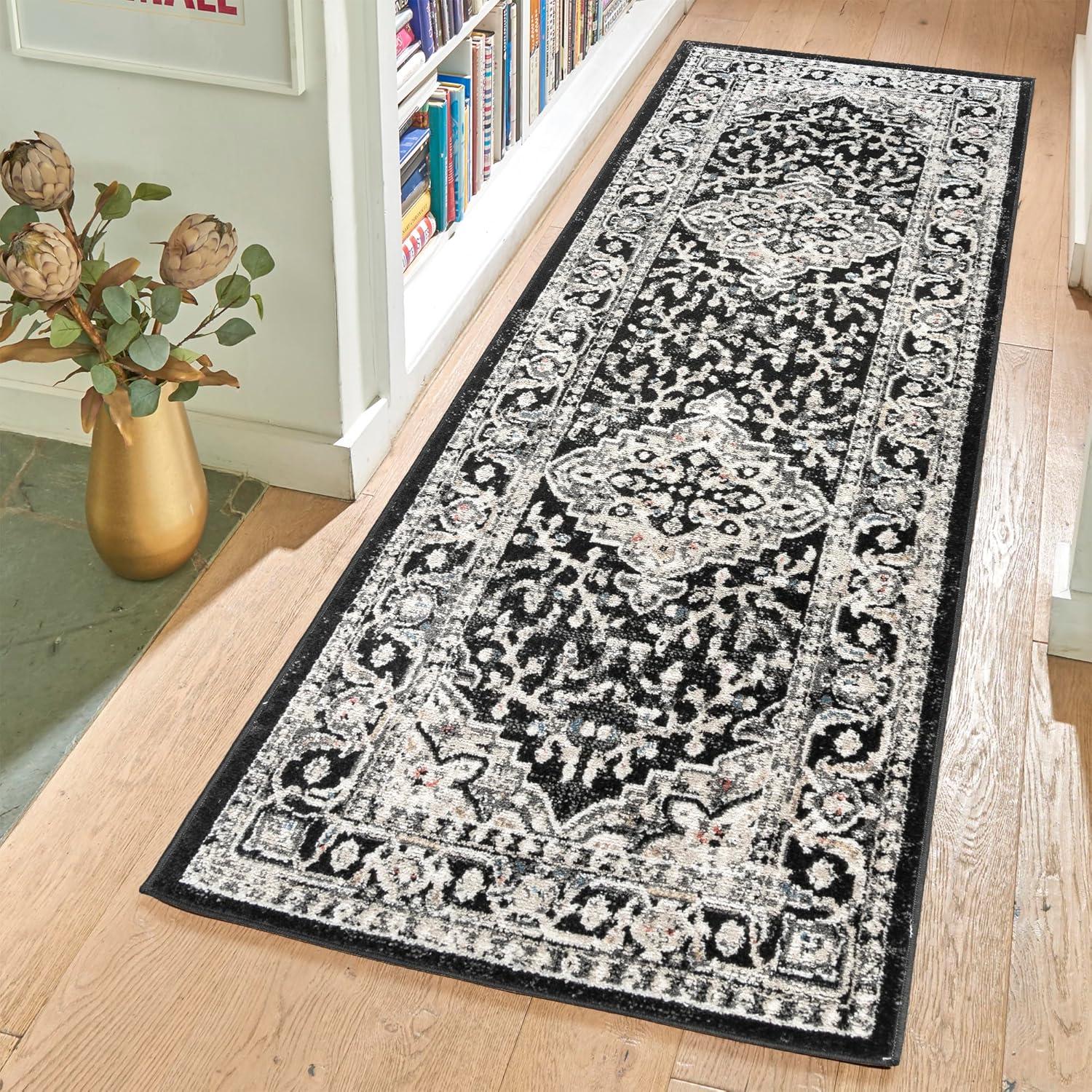Heirloom Fluer Traditional Oriental Medallion Black Beige Polypropylene Area Rug