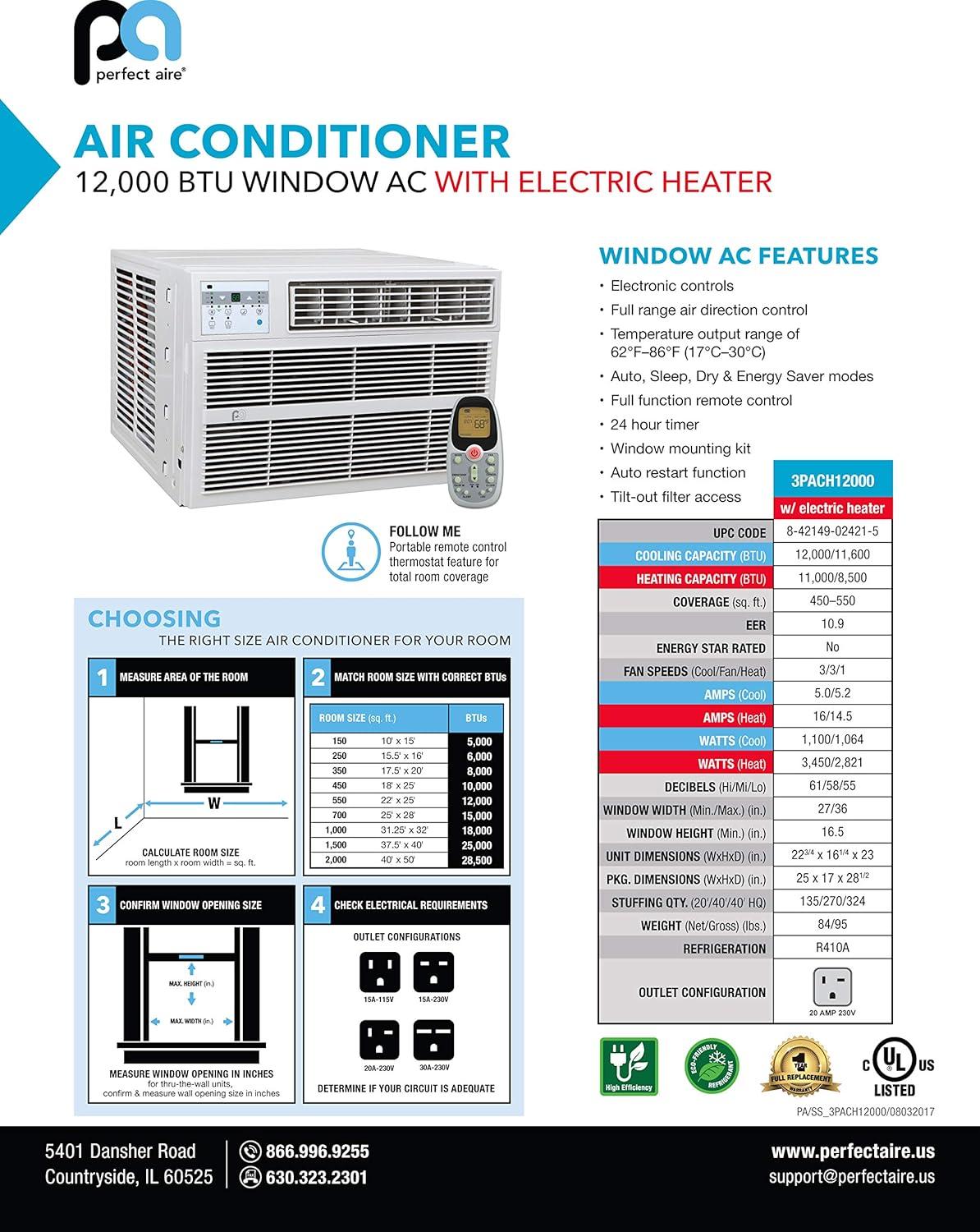 Perfect Aire Perfect Aire 12000 BTU Window Air Conditioner for 550 Square Feet with Heater and Remote Included