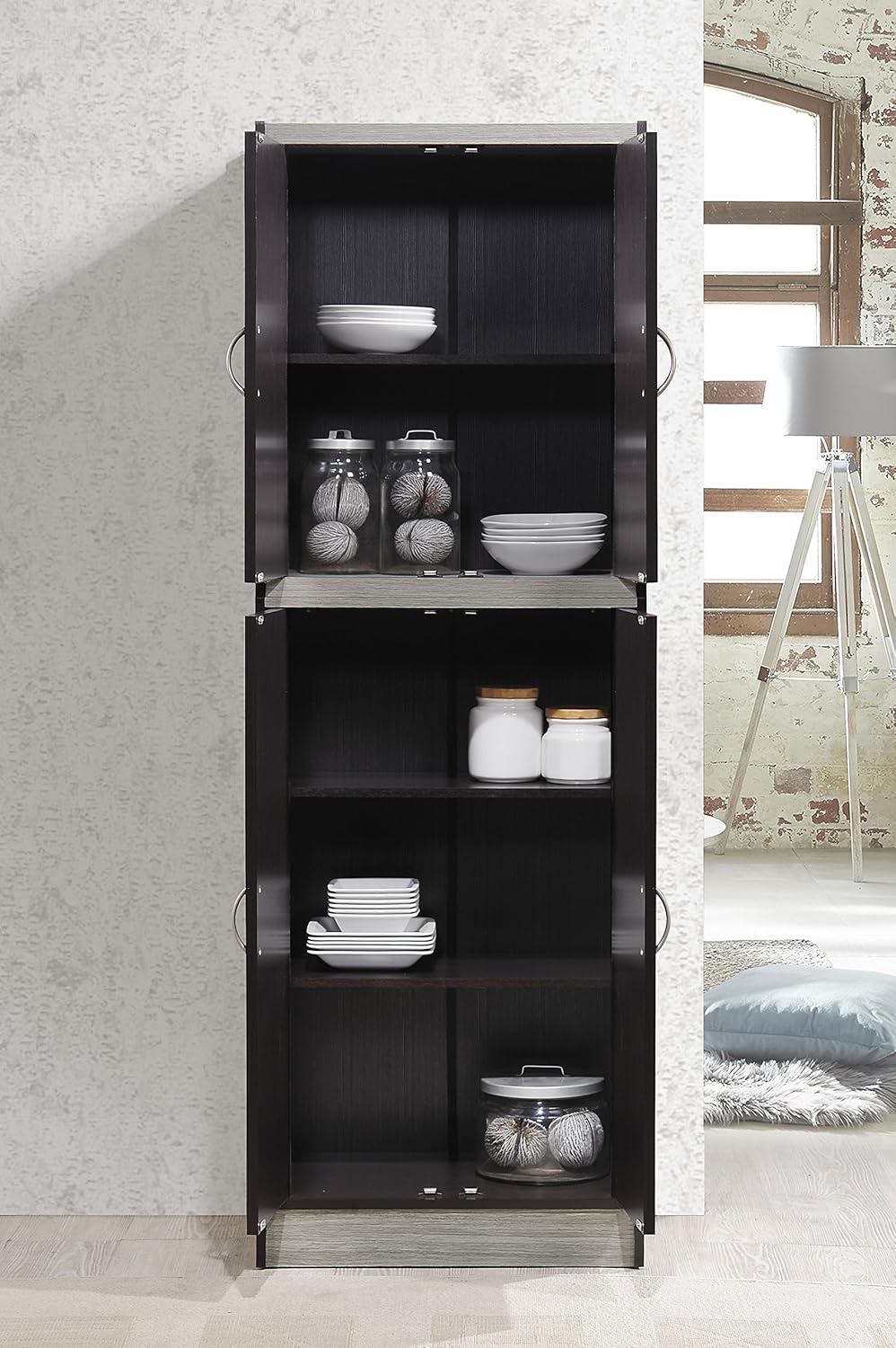 Hodedah 4 Door Kitchen Pantry 4 Shelves 5 Compartments in Chocolate-Grey Wood