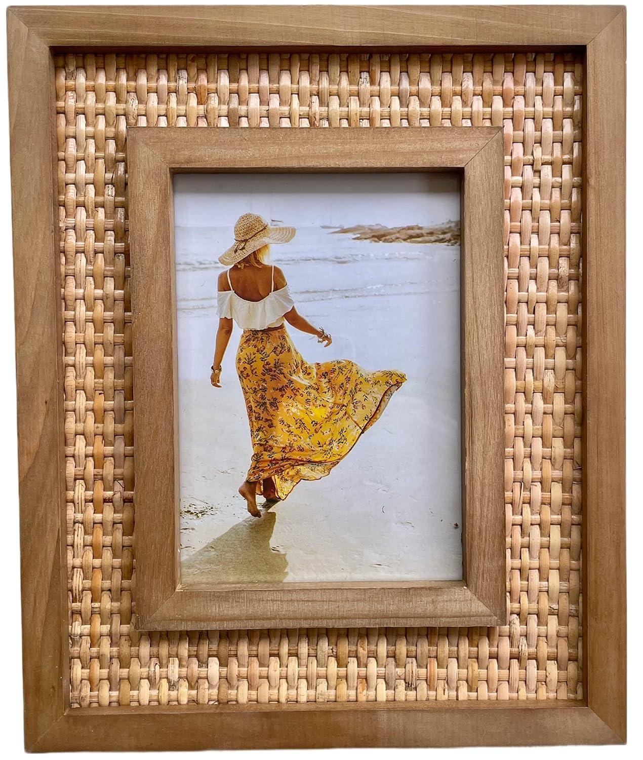 Rattan and Wood Picture Frame for 5x7 Inch Photos | Coastal or Boho Picture Frame | Tabletop Stand and Wall Mount | Single Display or Gallery Wall
