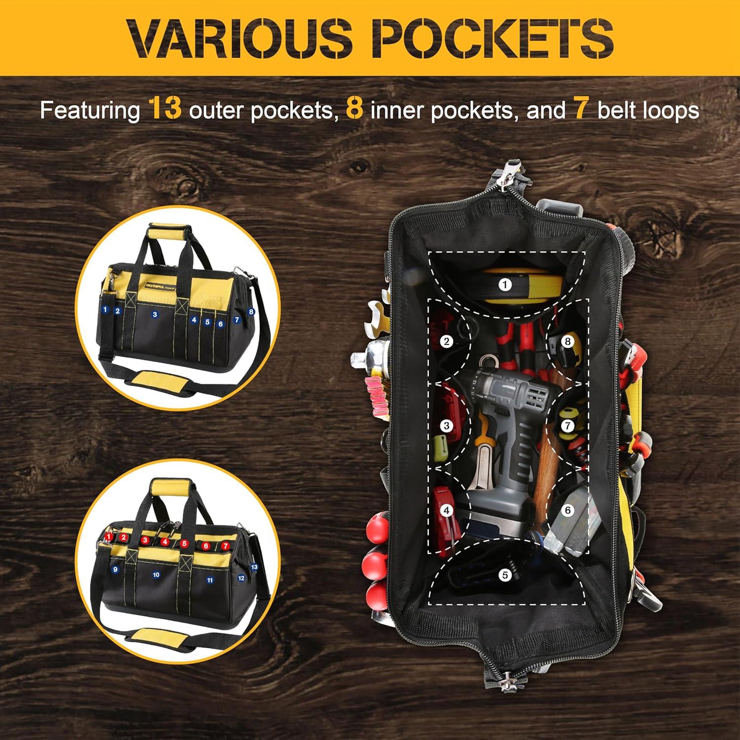 Olympia Tools 16 Inch Wide Mouth Tool Bag, Tool Tote with Water Proof Molded Base, Tool Bags for men with 21 Pockets and 7 Belt Loops, Padded Handle, Adjustable Shoulder Strap