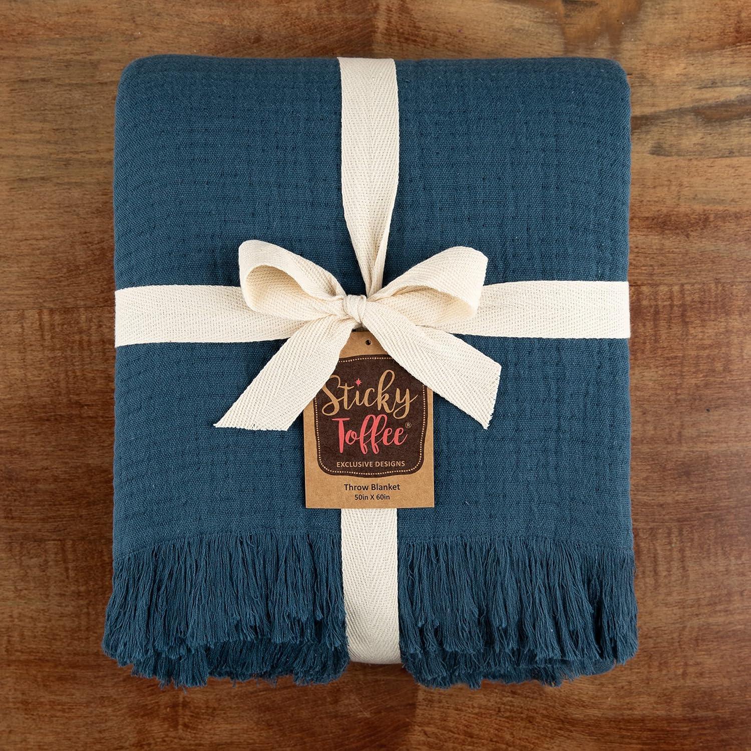 Sticky Toffee Muslin Throw Blanket for Adults, 100% Cotton, 60x50 in, Soft Lightweight and Breathable Throw for Couch, Blue