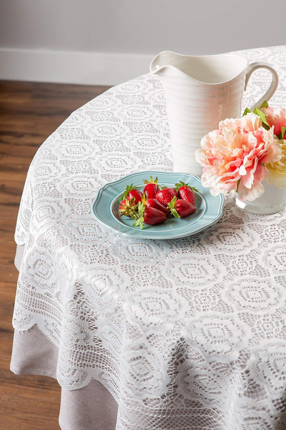 White Floral Lace Round Polyester Tablecloth 63"