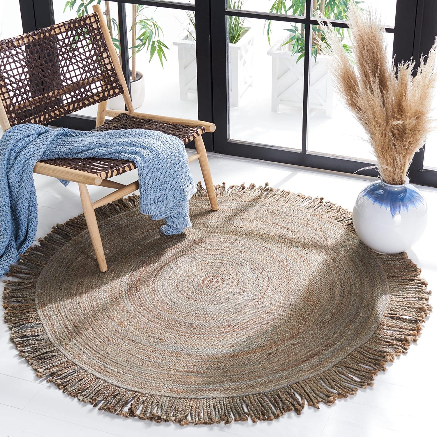 Gray Round Handmade Braided Jute Area Rug with Fringe