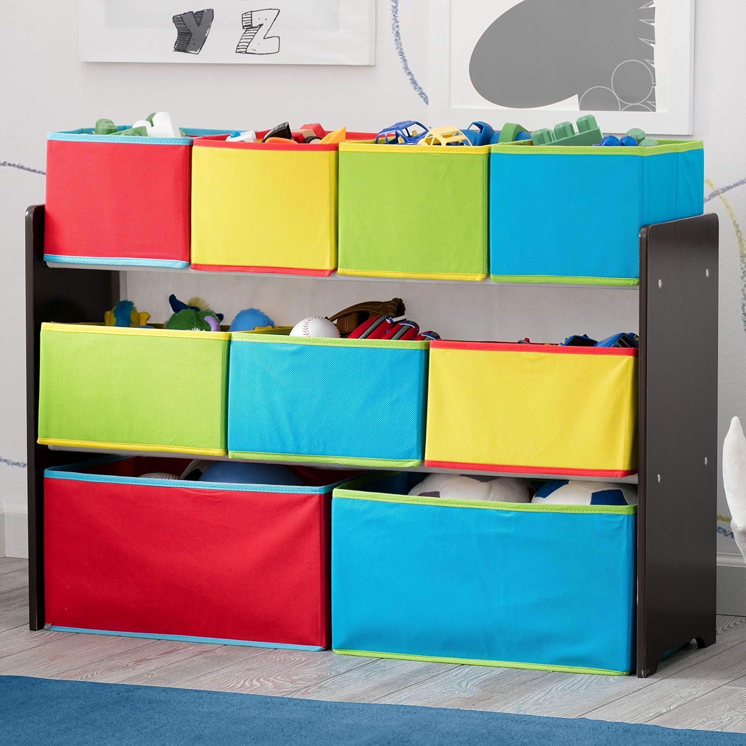 Dark Chocolate 9-Bin Kids Toy Organizer with Fabric Bins