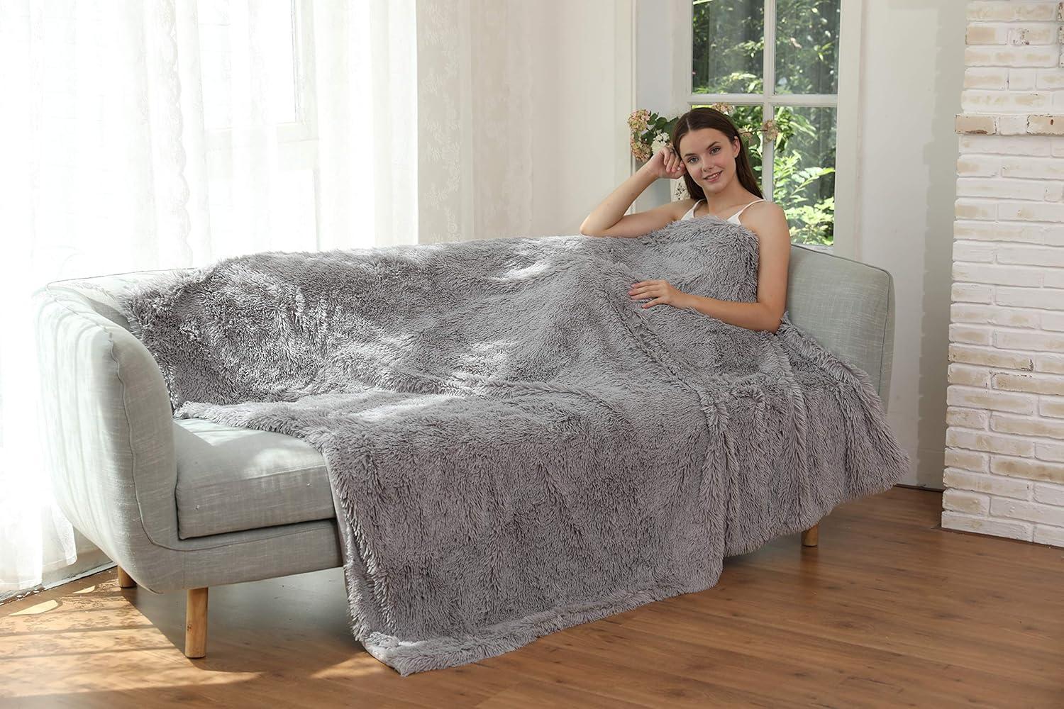 Luxurious Shaggy Grey Faux Fur 60"x70" Oversized Throw Blanket