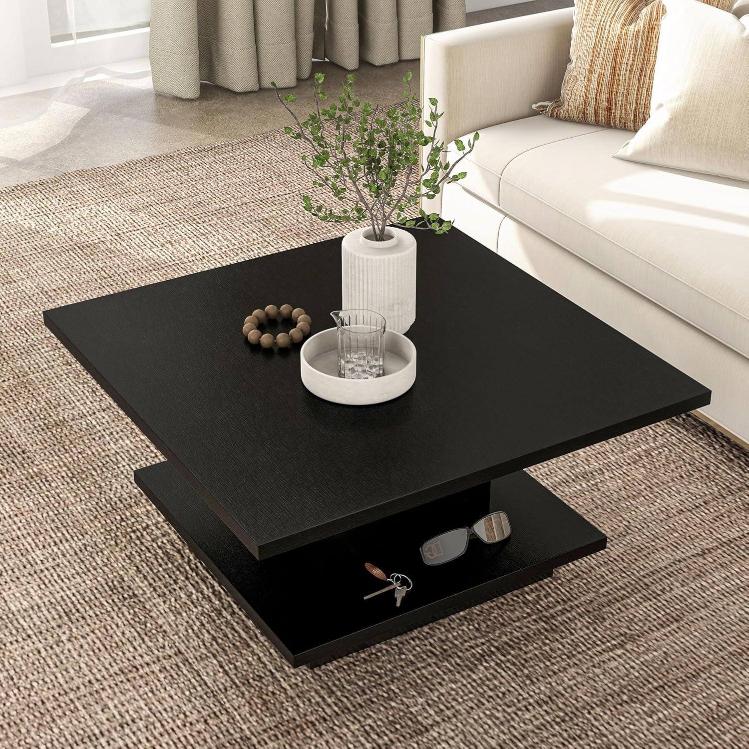 24/7 Shop at Home Lukas 31 inch Square Coffee Table with Hidden Storage and Base Shelf, Contemporary Furniture for Living Room, Home Office, Apartment, Small Space, Black