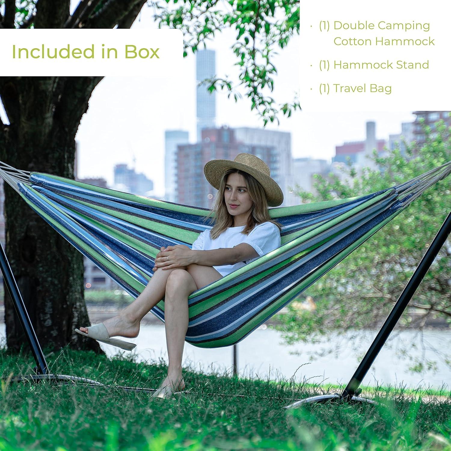 9 ft Blue and Green Cotton Double Hammock with Stand