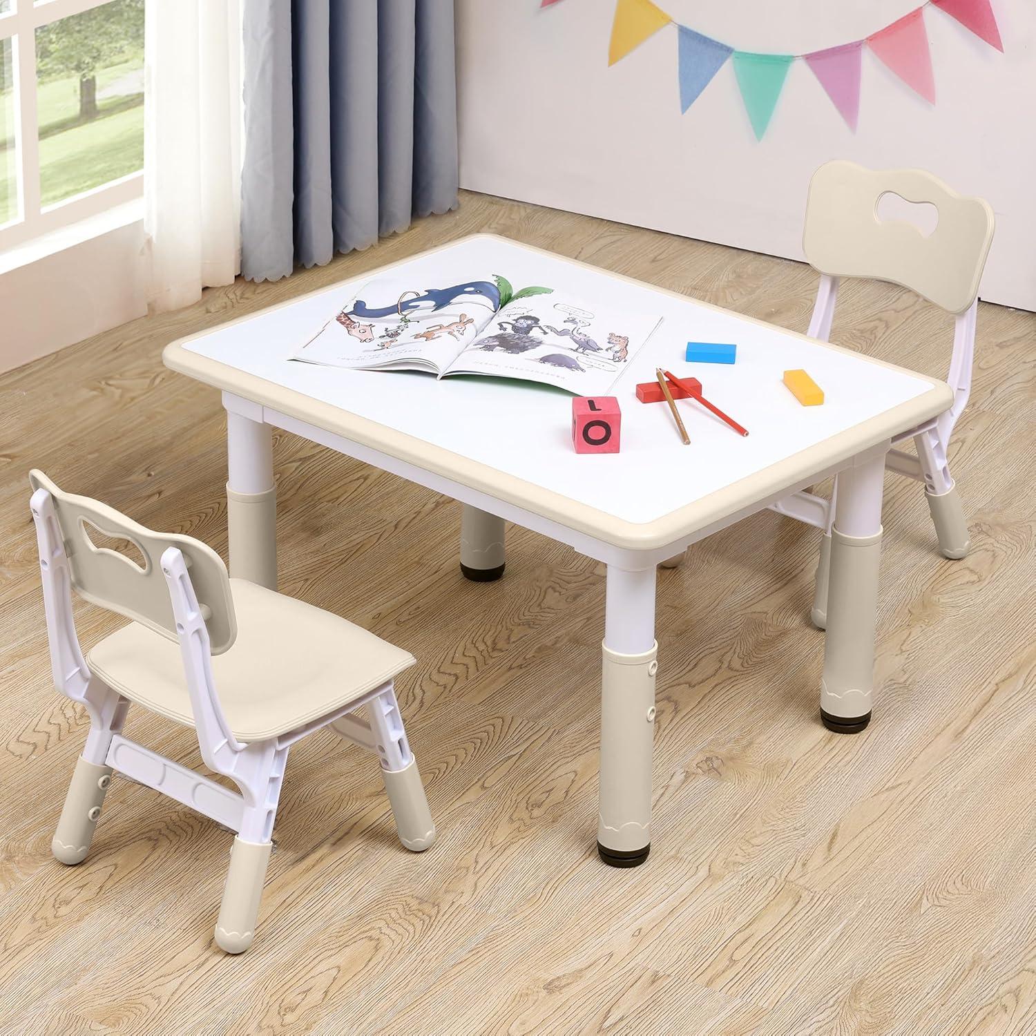 Adjustable Kids Table & Chairs Set for Ages 3-8 | 31.5"x23.6" Easy-Clean Activity Table | Meets ASTM/CPSC Standards for Daycare, Homeschool & Playroom (Natural, 2 Chairs)